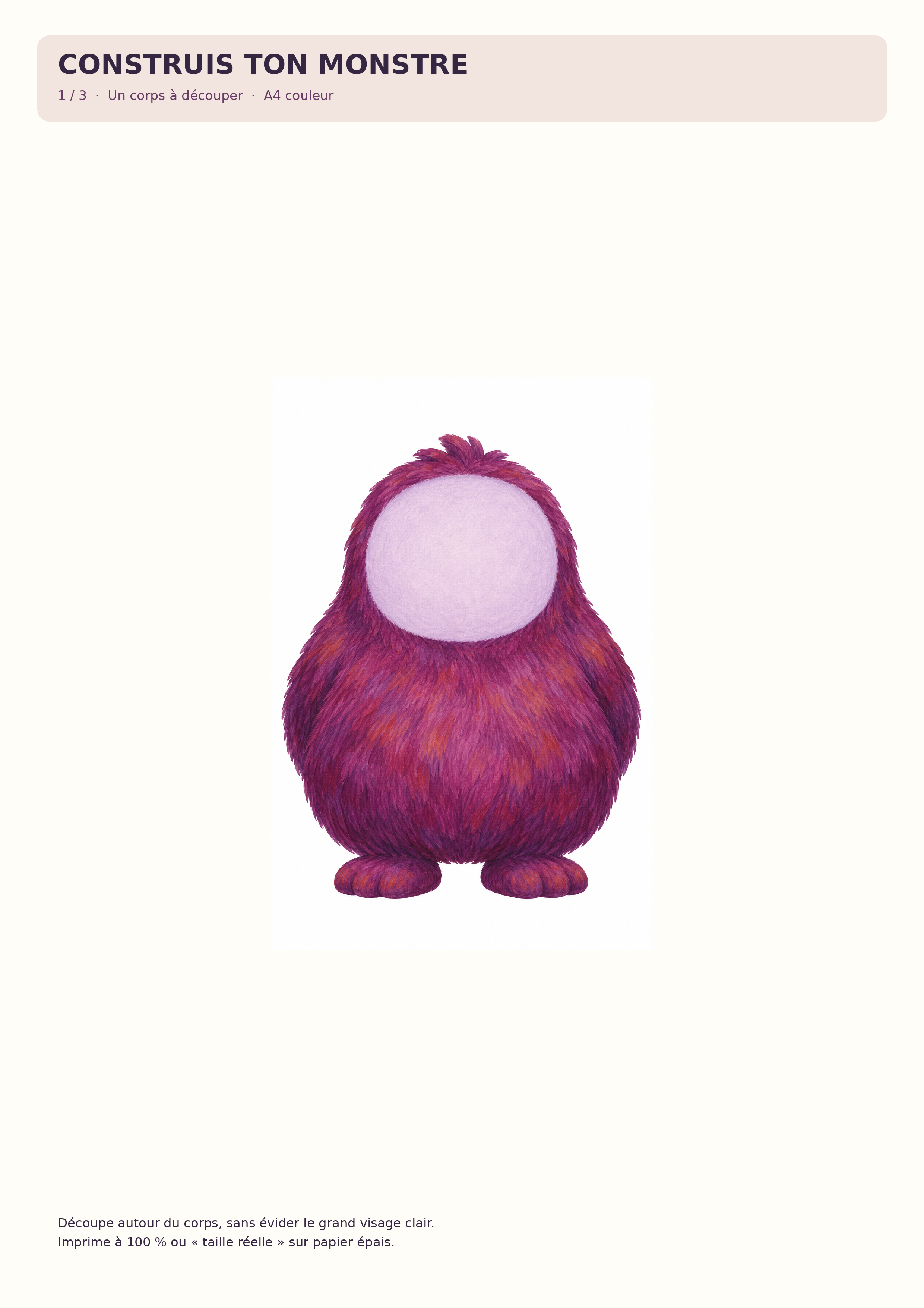 Planche A4 avec un corps de monstre violet et un visage libre à compléter