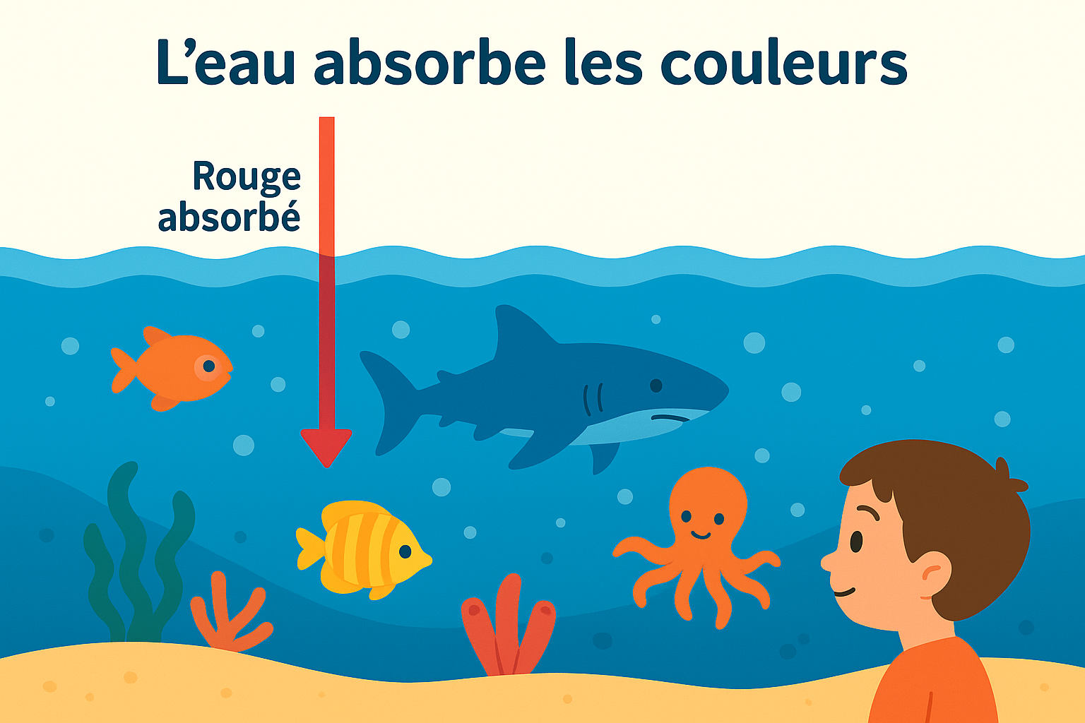 Couleur de la mer selon la profondeur : turquoise près du rivage, bleu foncé au large.