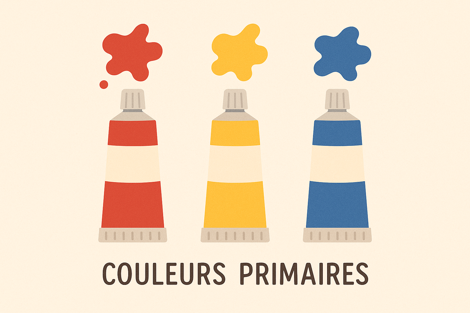 Trois tubes de peinture rouge, jaune et bleu pour expliquer les couleurs primaires