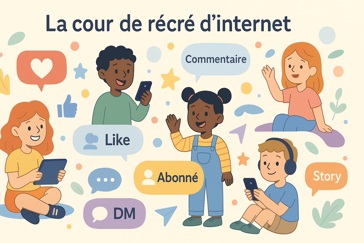 Illustration : la cour de récré d'Internet (enfants, likes, DM, stories)