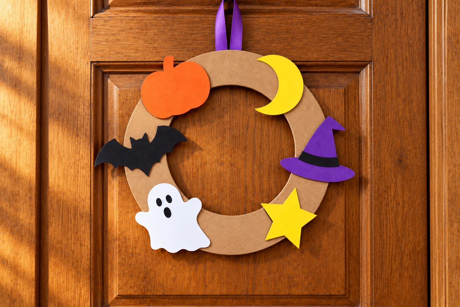 Couronne Halloween terminée en carton avec six motifs orange et violets