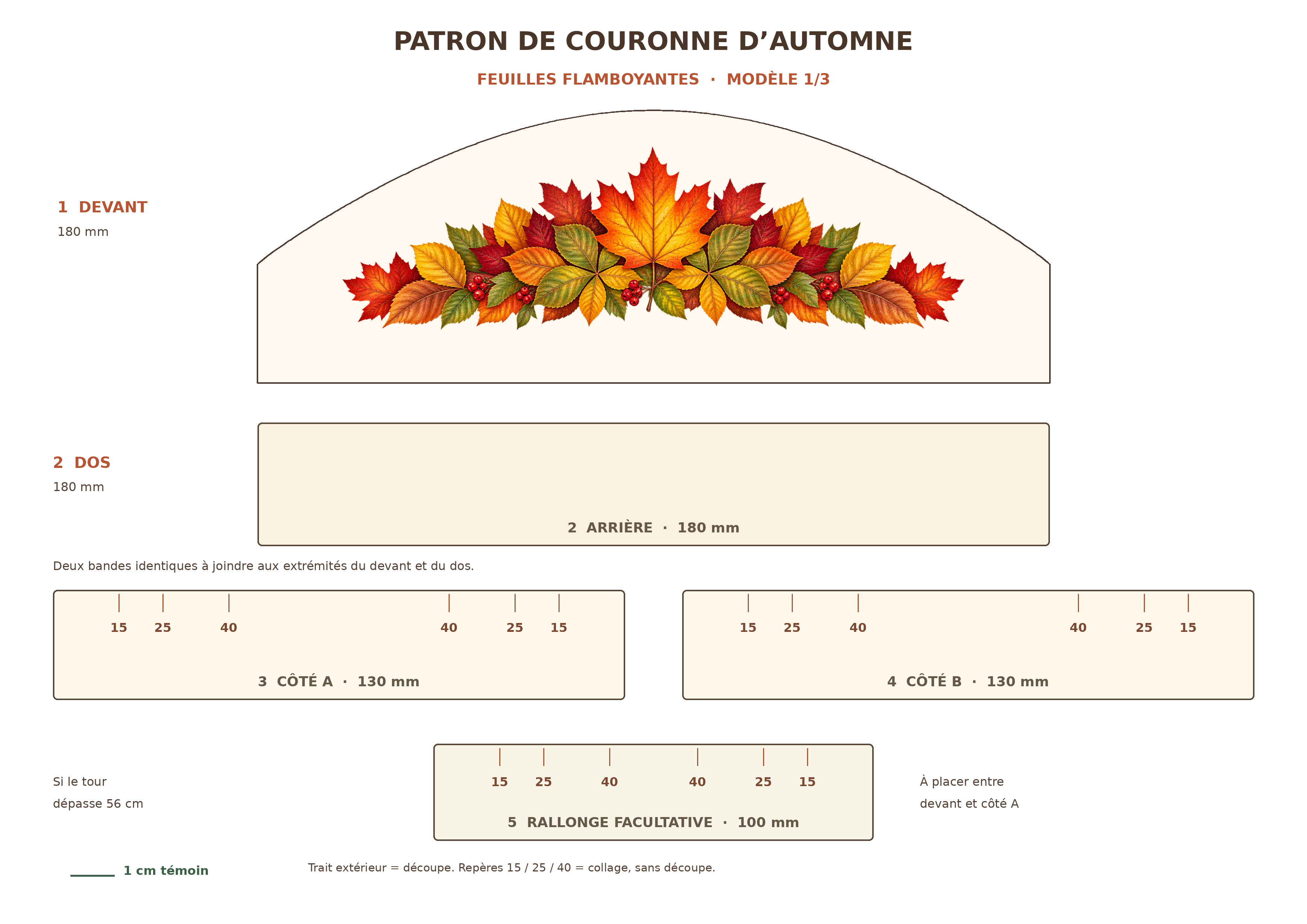 Patron A4 paysage de la couronne d’automne à feuilles, avec devant, arrière, côtés et rallonge