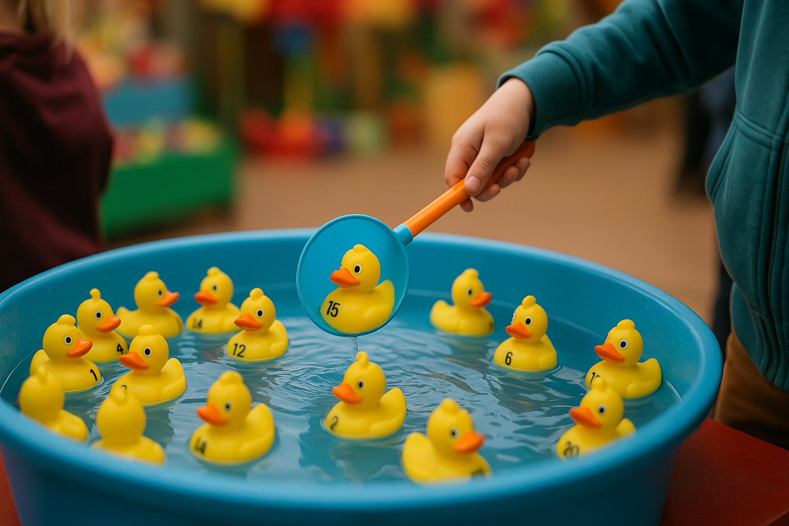 Course aux canards : bassin bleu et canards numérotés (format paysage)