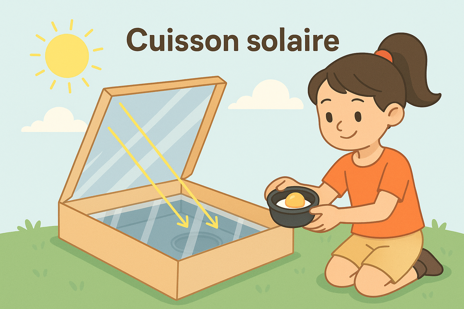 Enfant utilisant un four solaire boîte à pizza pour cuire un œuf