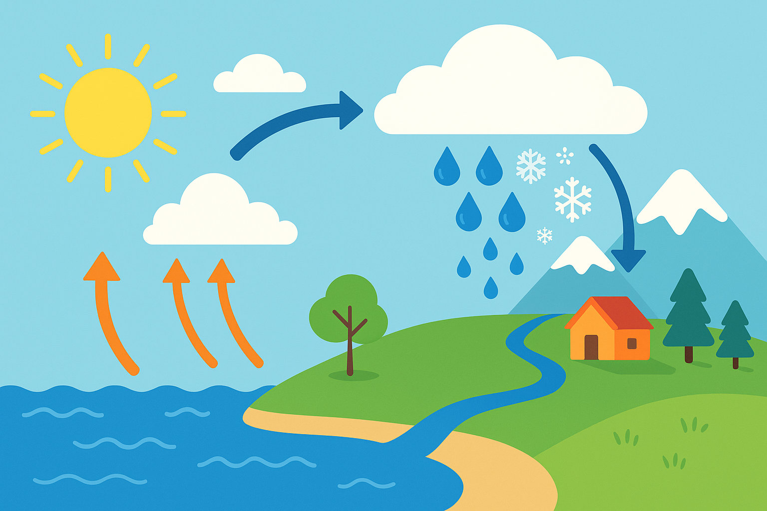 Schéma simple du cycle de l’eau avec évaporation, condensation et précipitations