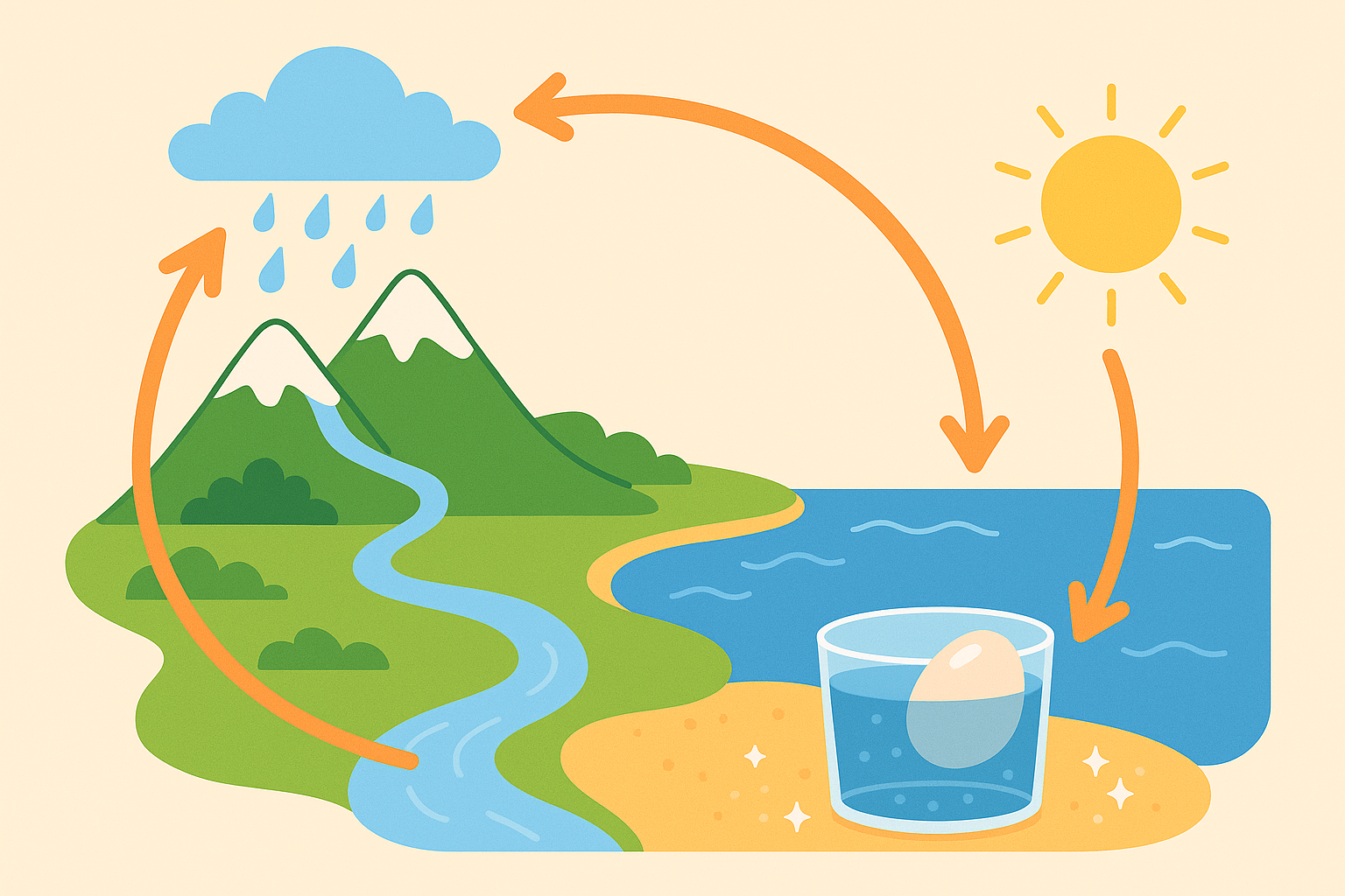 Schéma simple : pluie sur la montagne, rivière vers la mer, évaporation ; le sel reste dans l’eau de mer.