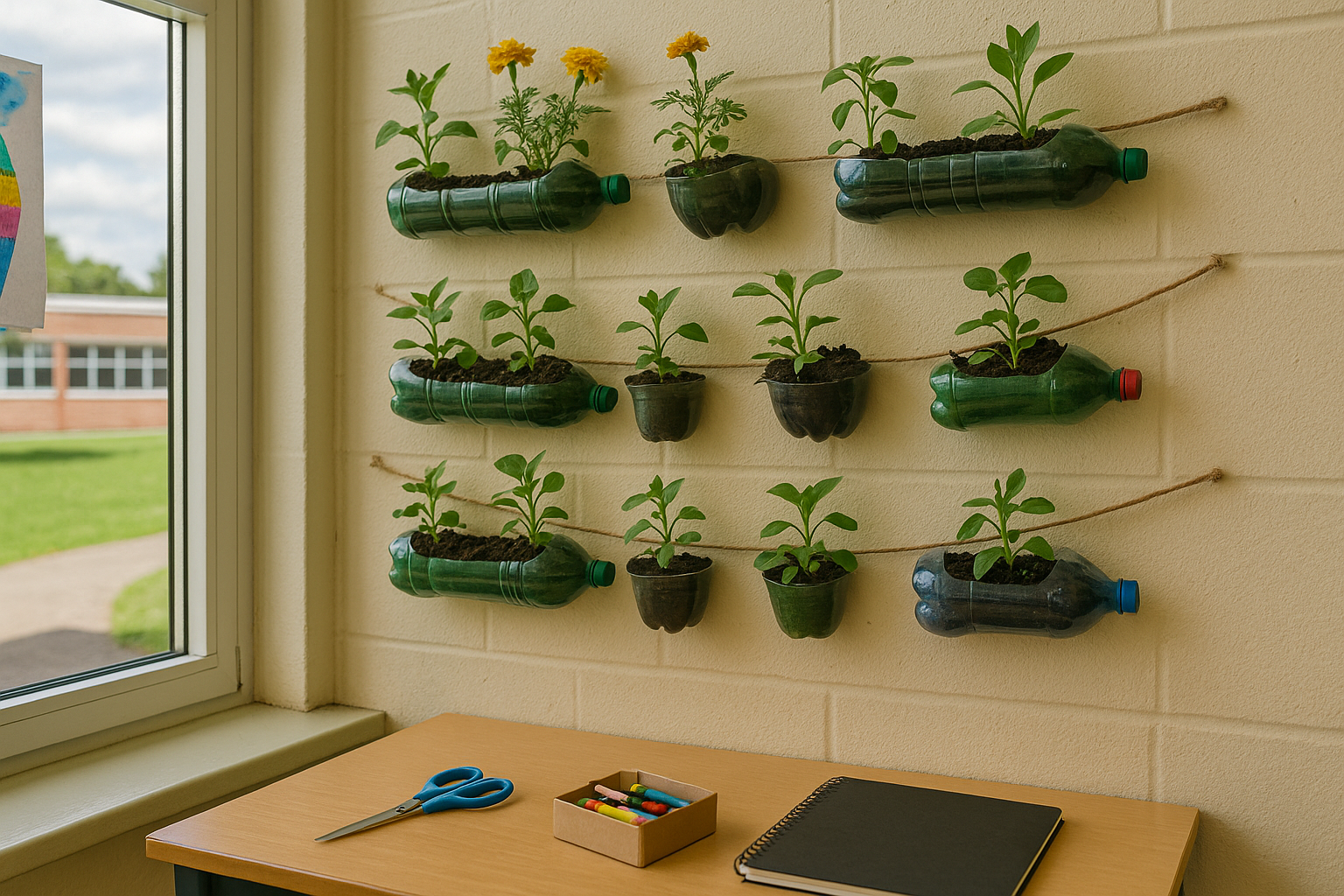 Jardin mural recyclé Jardin mural en bouteilles recyclées dans une classe
