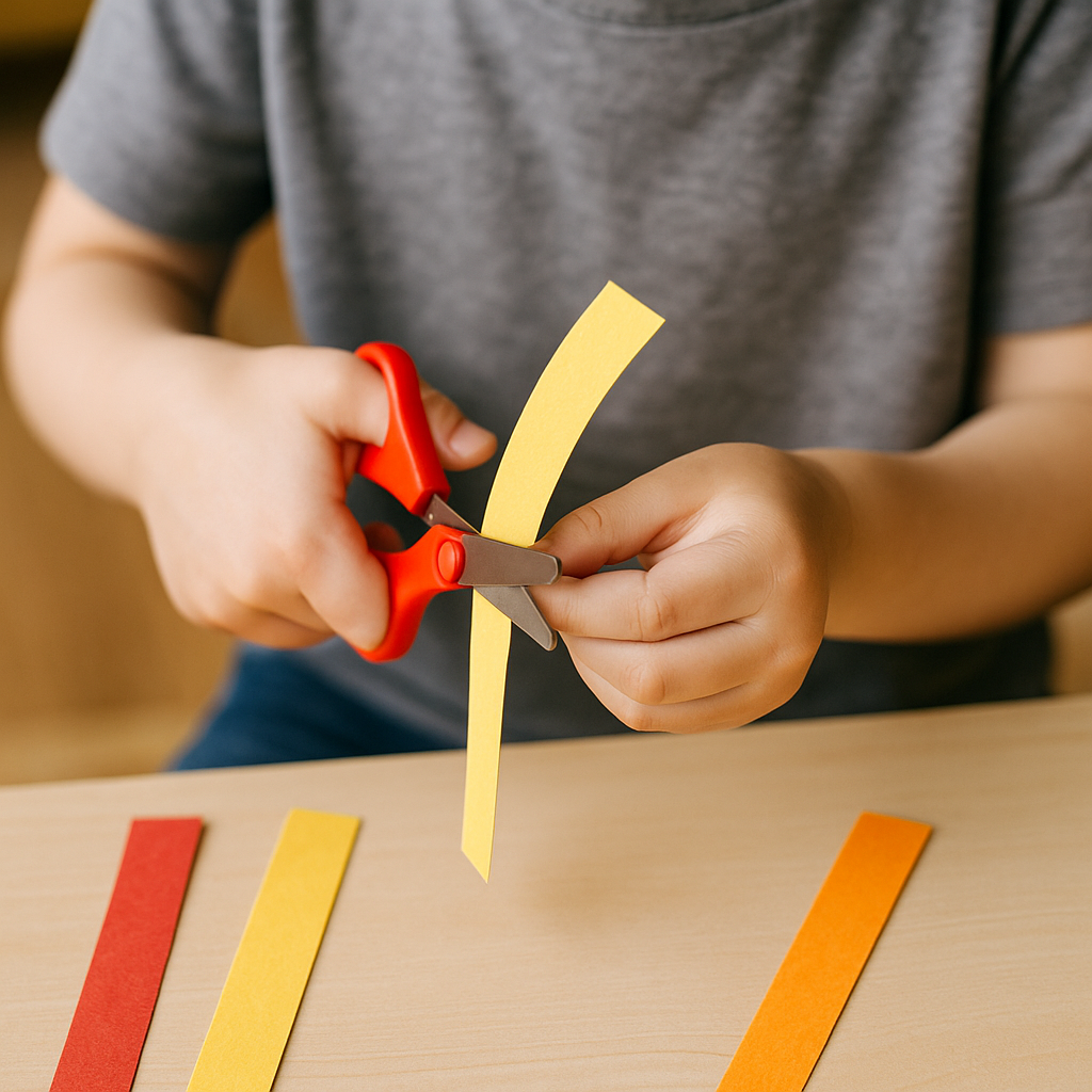Ciseaux enfants et bandes cartonnées à traits épais pour apprendre à couper.