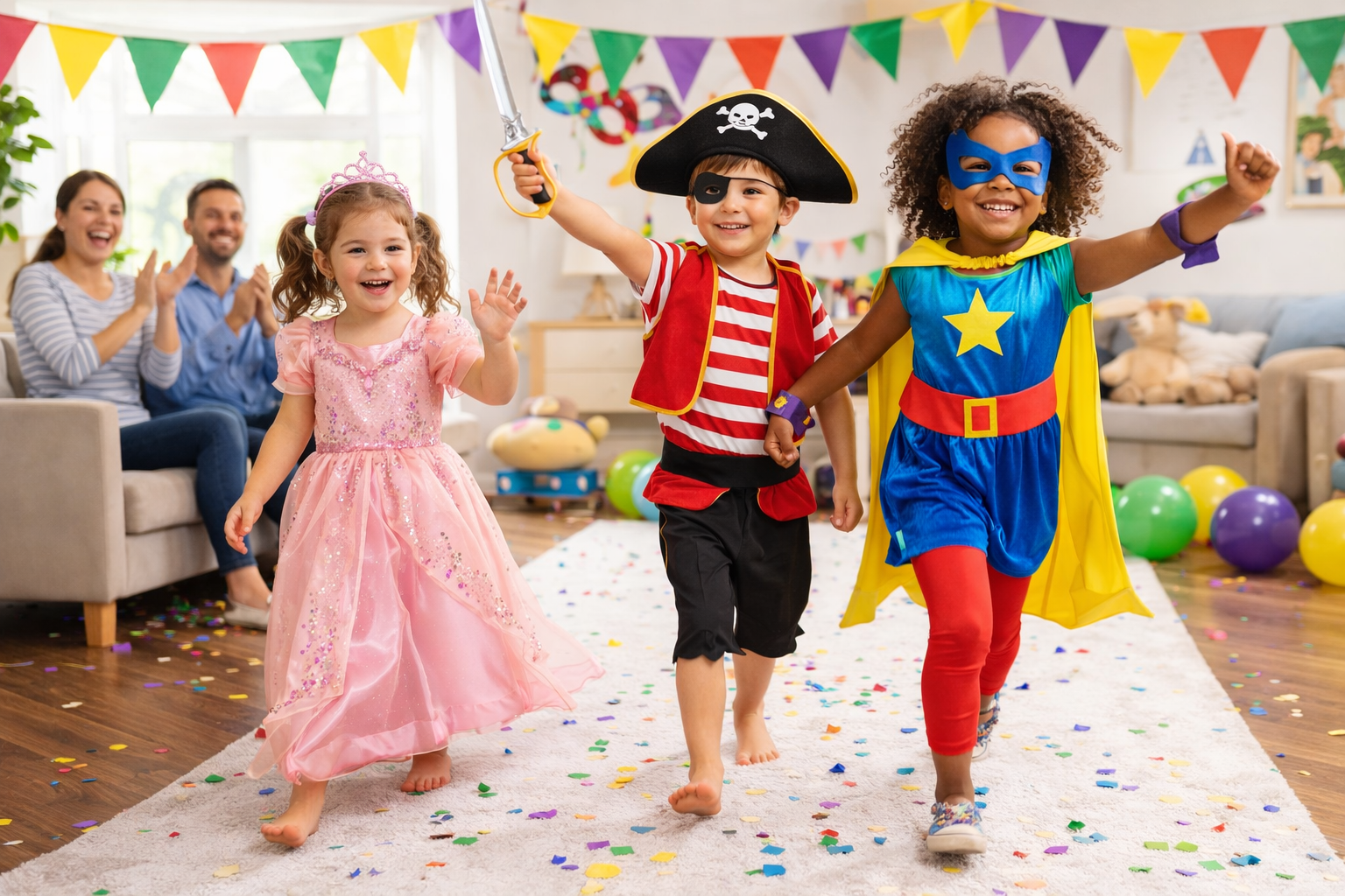 Défilé de déguisements de Mardi Gras dans un salon familial