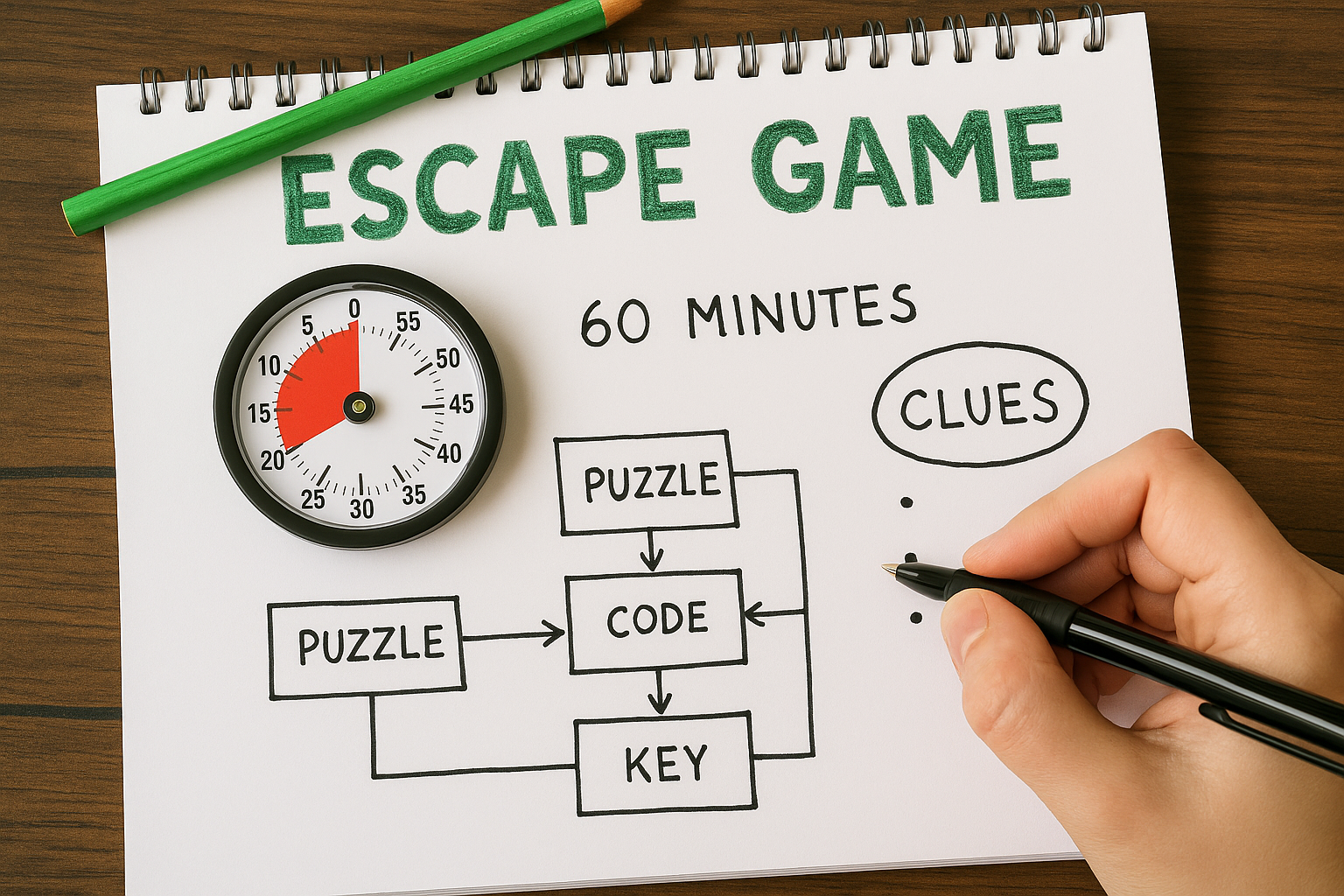 Check-list d’énigmes et minuteur pour un escape game de 60 minutes.