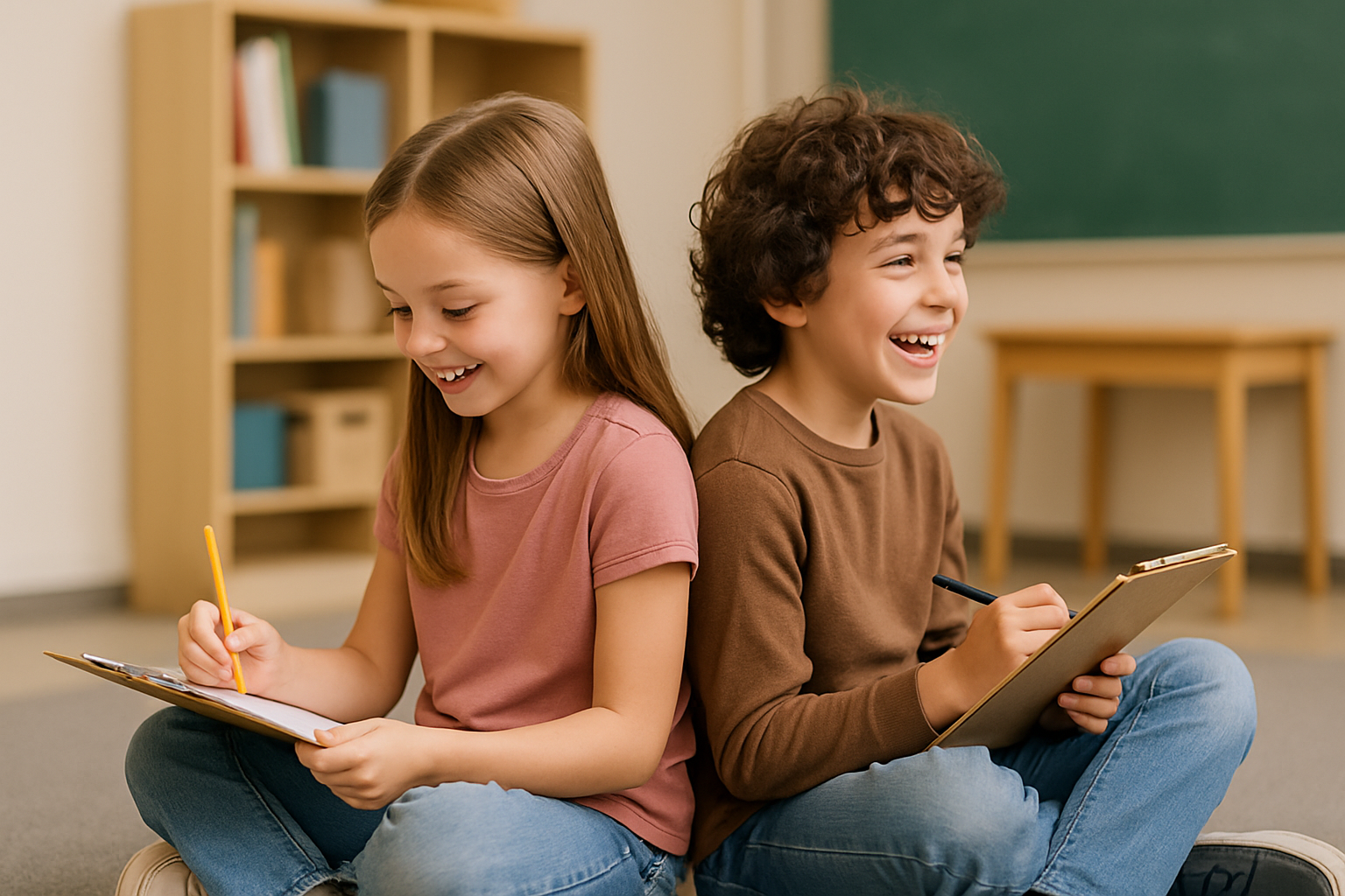 Deux enfants assis dos à dos décrivant et dessinant, communication précise en binôme