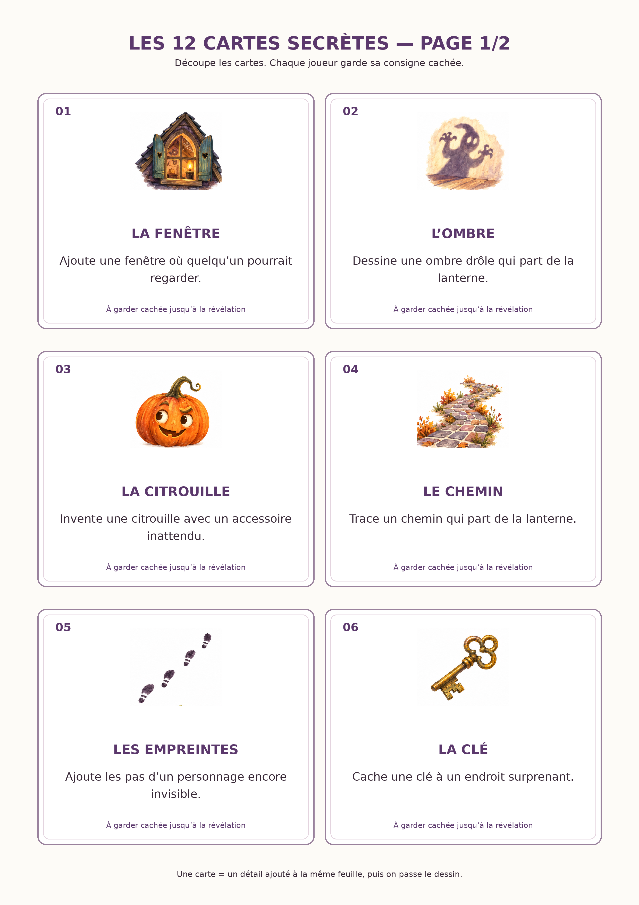 Première page A4 avec six cartes de consignes secrètes illustrées