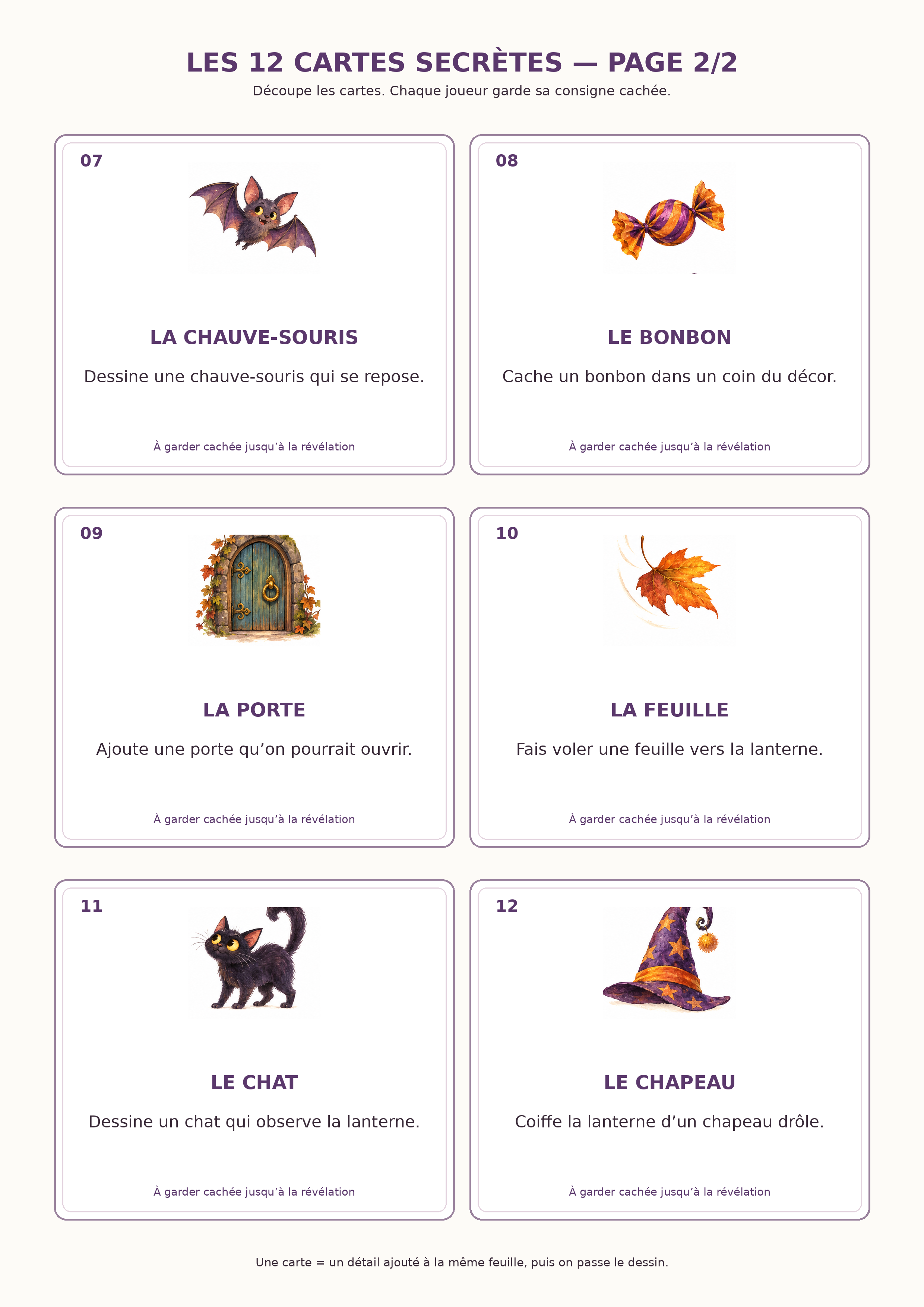 Seconde page A4 avec six autres cartes de consignes secrètes illustrées