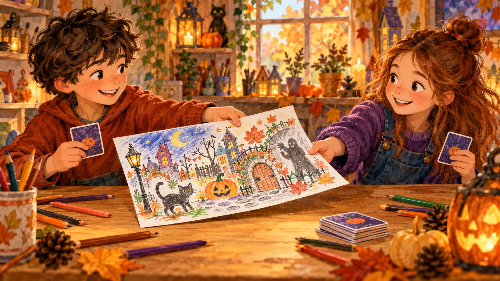 Deux enfants se transmettent un même dessin d’Halloween avec de petites cartes de mission