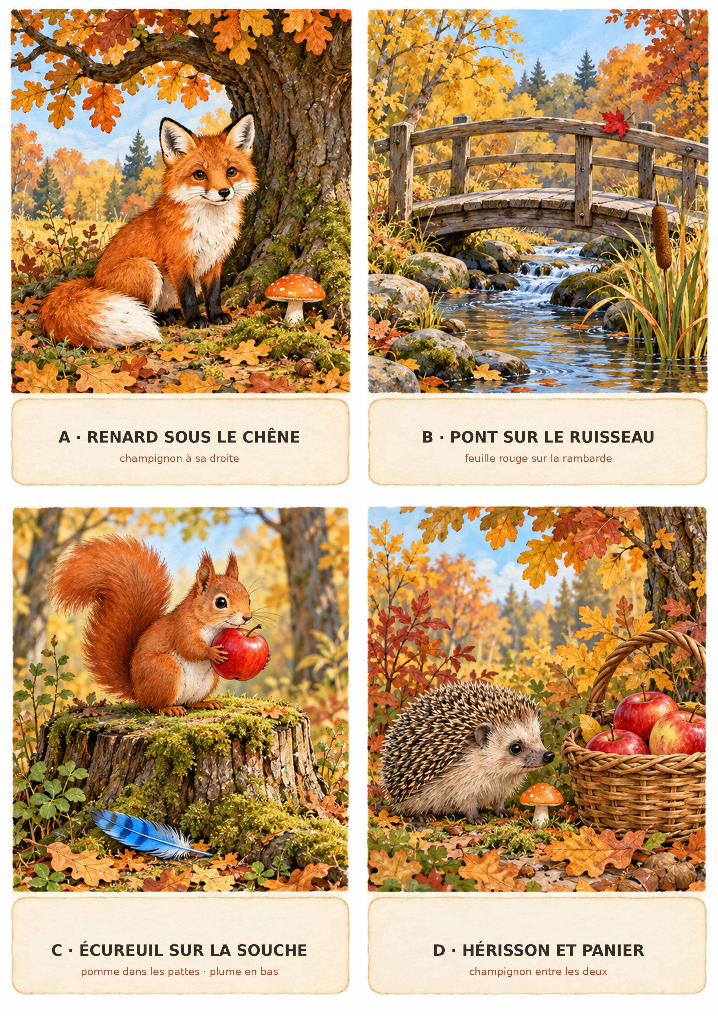 Quatre cartes de forêt d’automne à décrire : renard, pont, écureuil et hérisson
