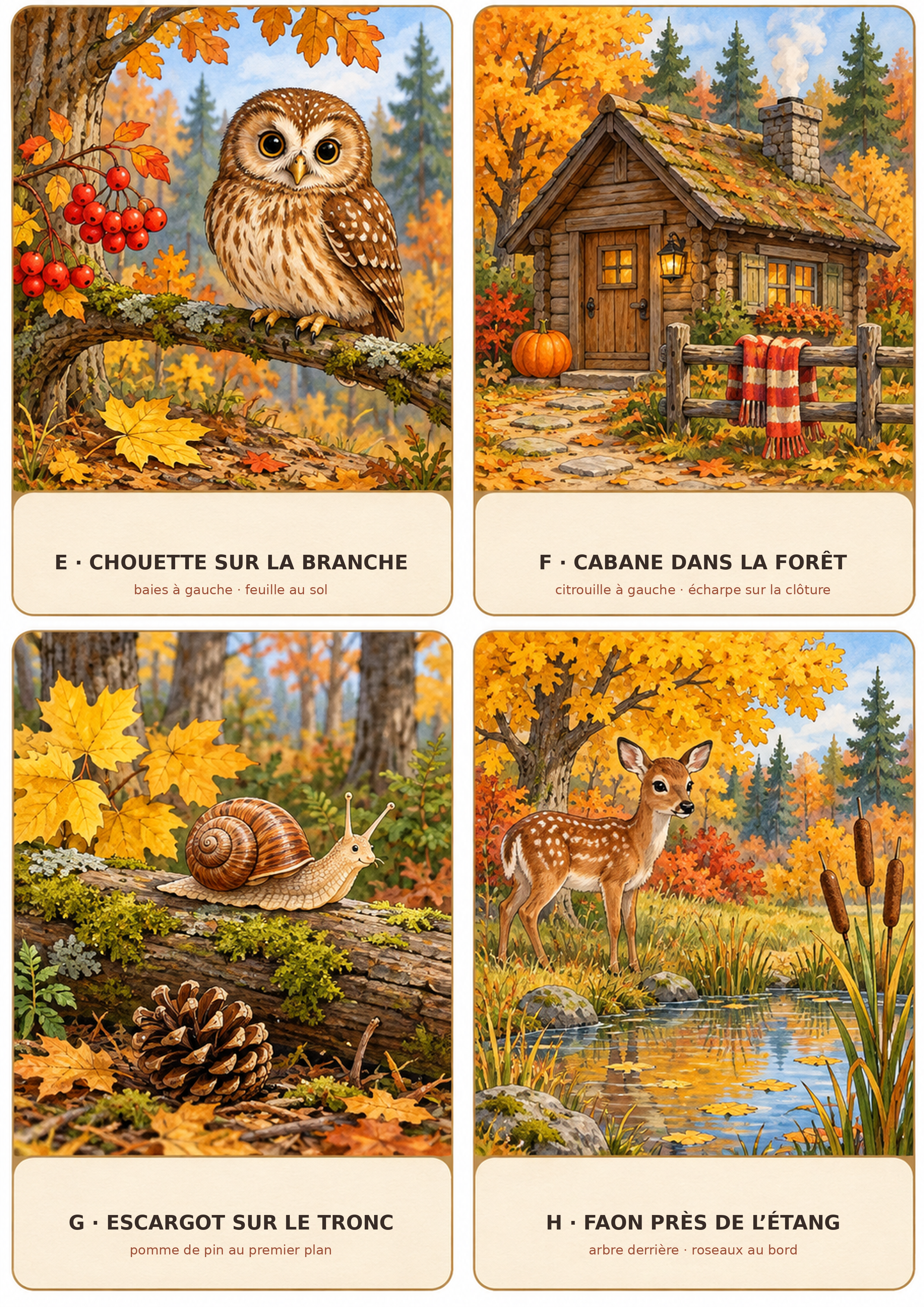 Quatre cartes de forêt d’automne à décrire : chouette, cabane, escargot et faon