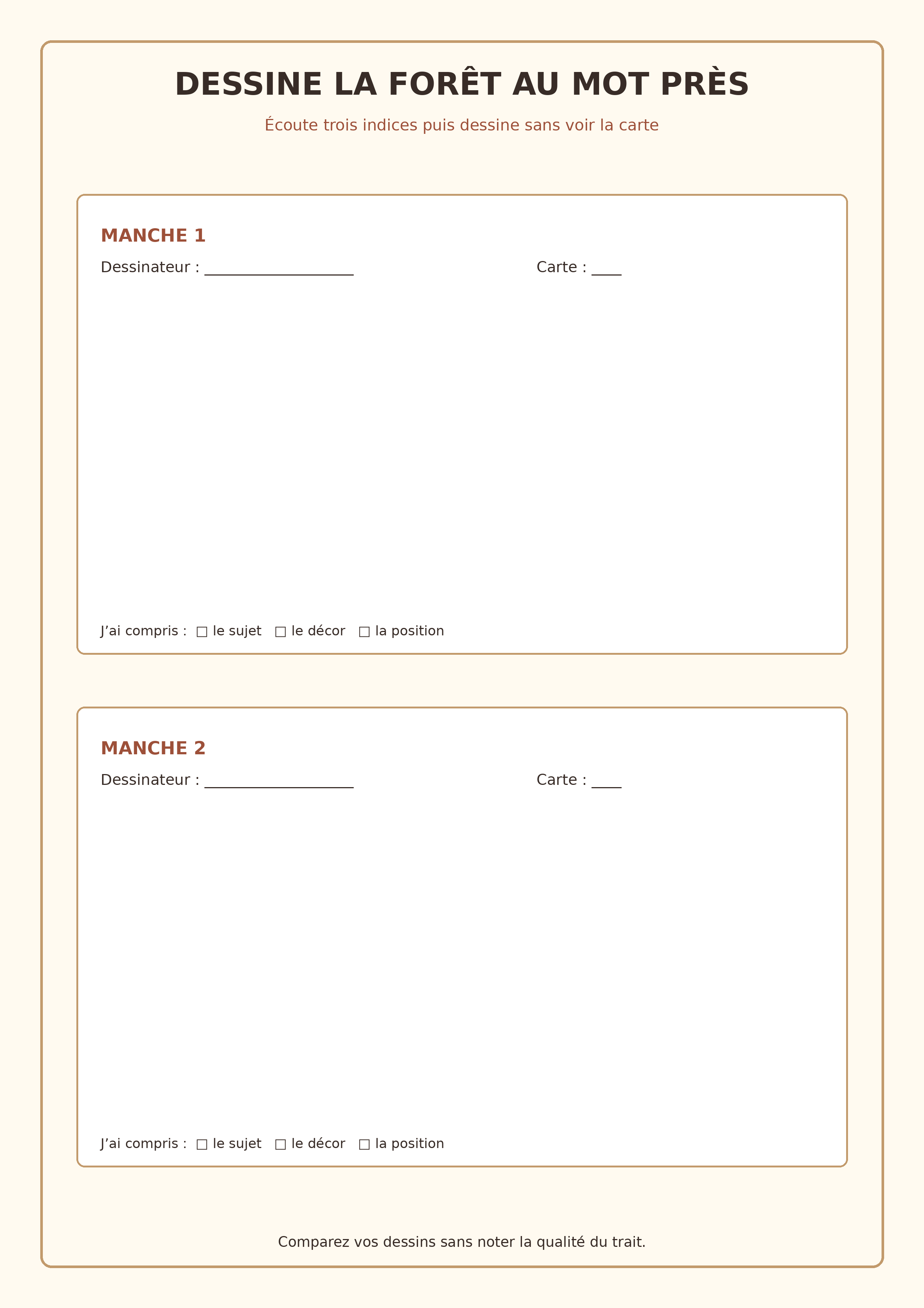 Feuille A4 avec deux espaces de dessin et cases sujet décor position