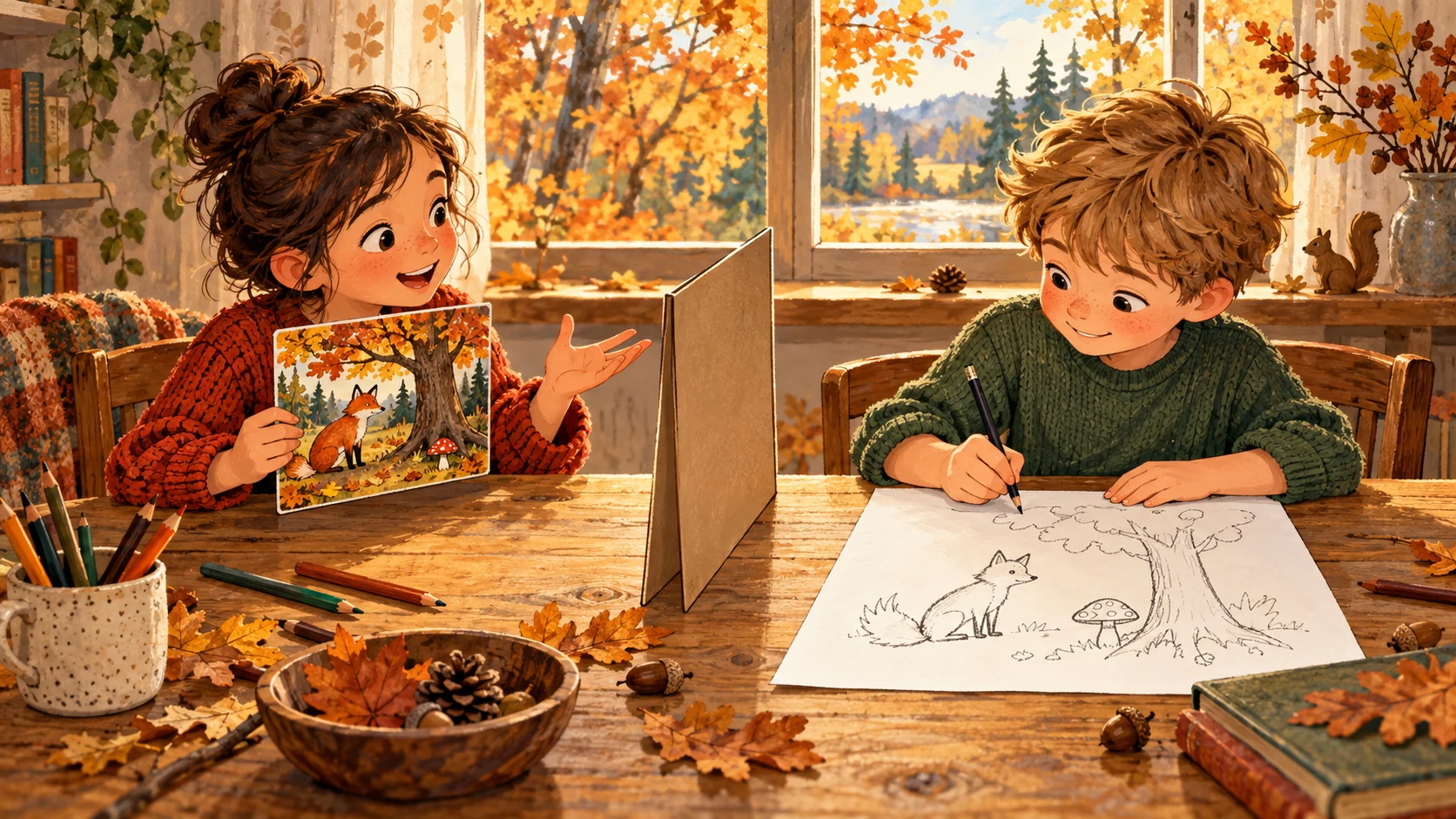 Jeu de description et dessin de forêt d’automne à imprimer
