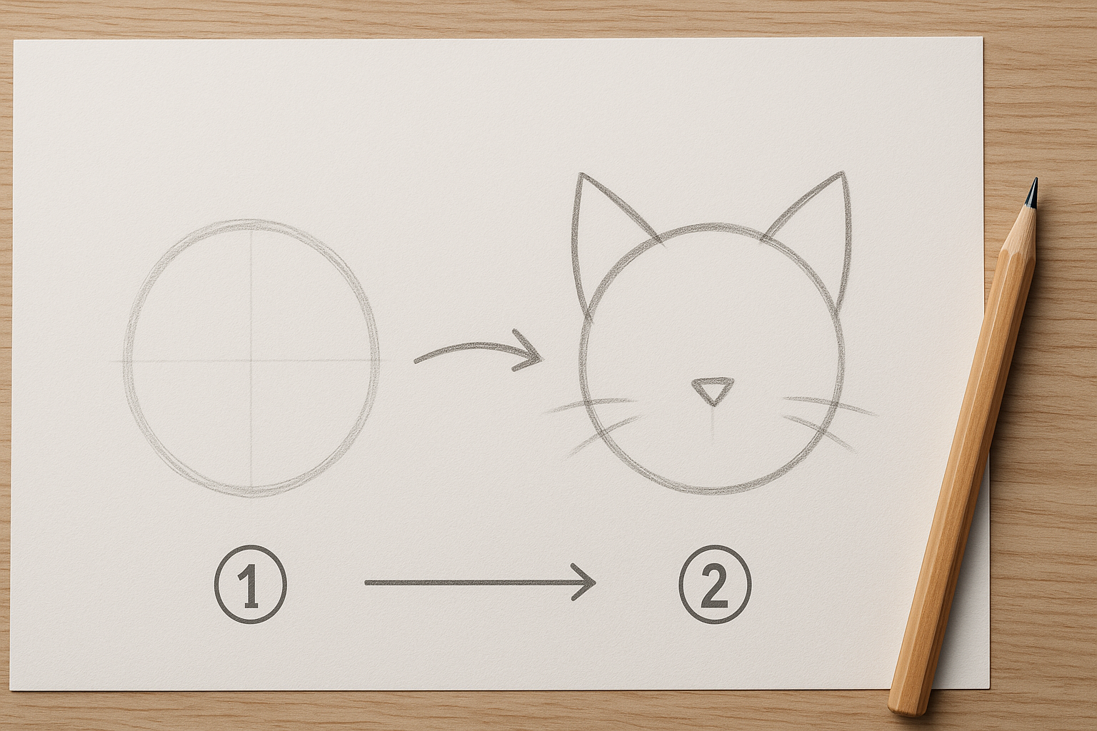 Étapes 1 et 2 : cercle pour la tête et triangles pour les oreilles (tuto dessin chat)