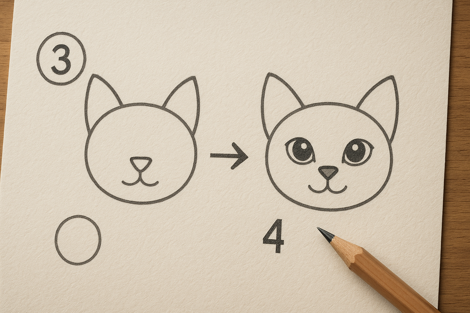 Étapes 3 et 4 : museau, bouche, yeux ovales avec reflets (tuto dessin chat)