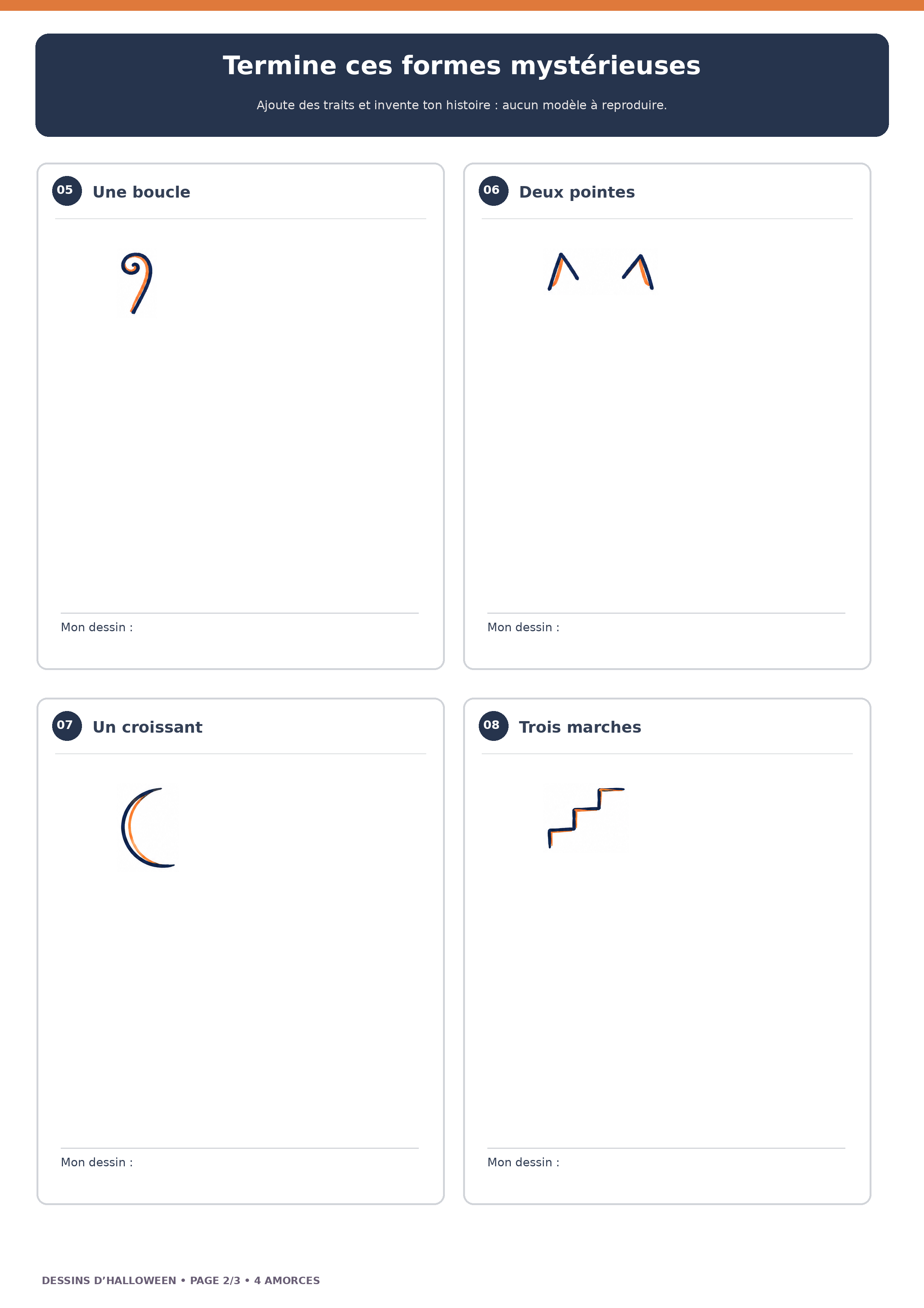 Deuxième planche de quatre formes inachevées : boucle, pointes, croissant et marches
