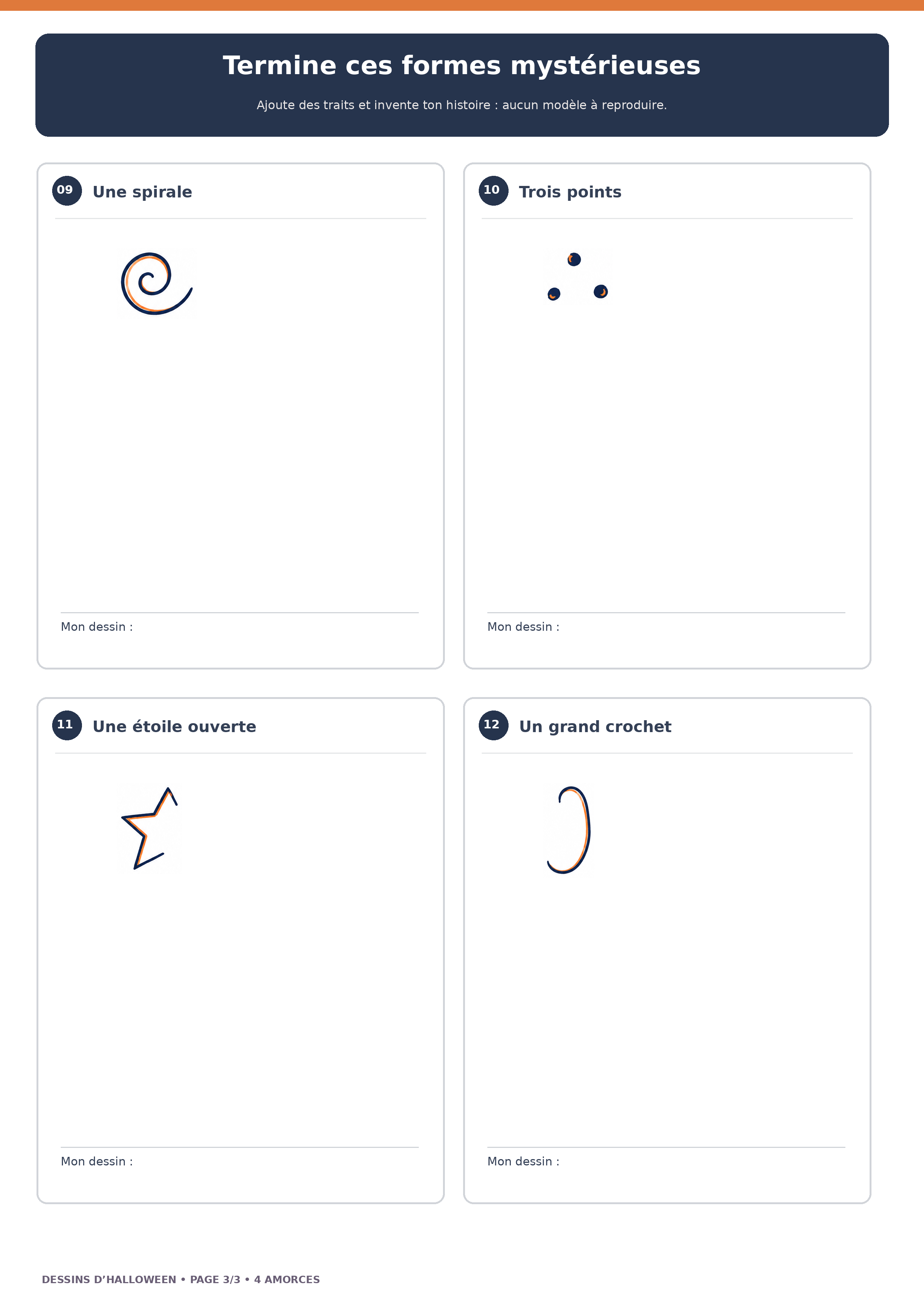Troisième planche créative Halloween : spirale, trois points, étoile ouverte et crochet