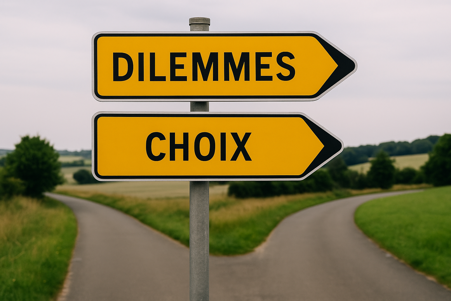 Deux panneaux fléchés opposés sur un chemin, symbolisant un choix.