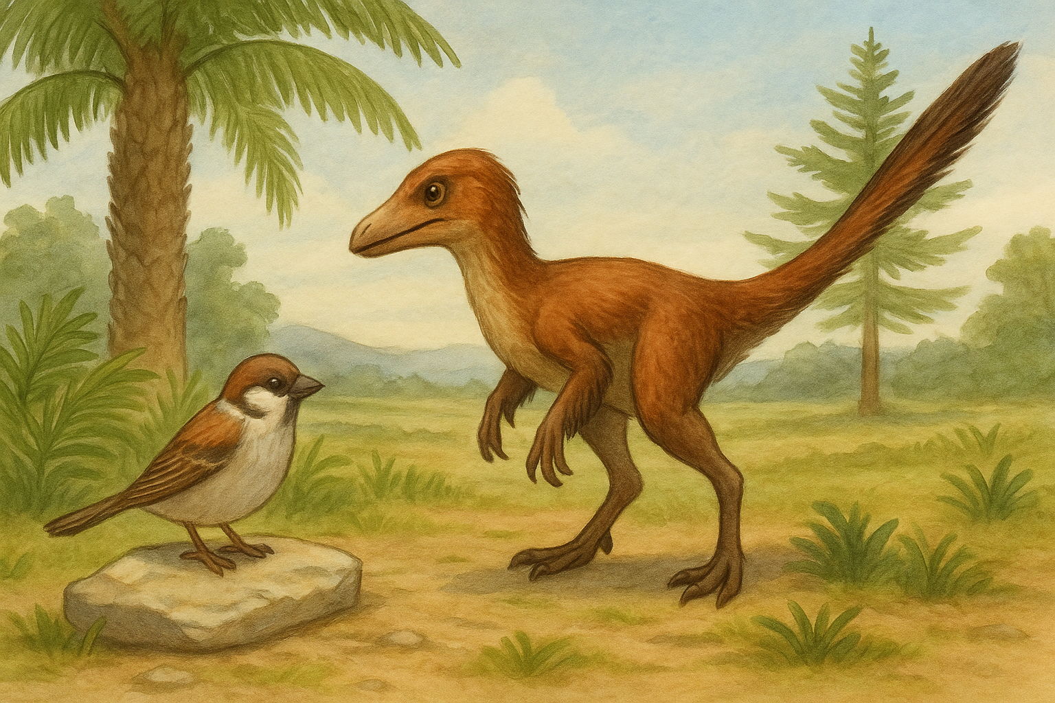 Petit dinosaure à plumes face à un oiseau moderne dans un paysage préhistorique