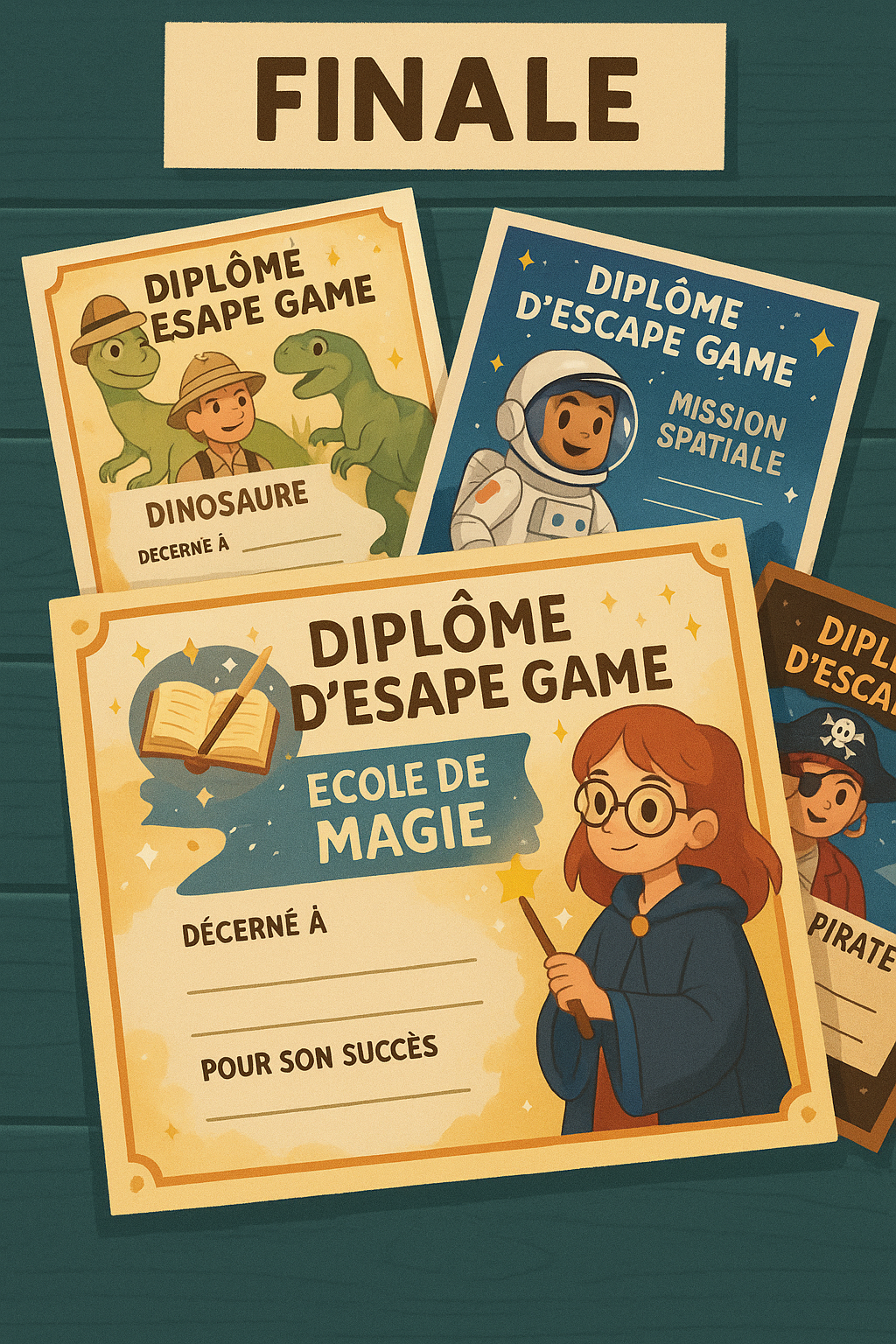 Diplômes escape game thèmes magie, dinosaures, espace, pirate.