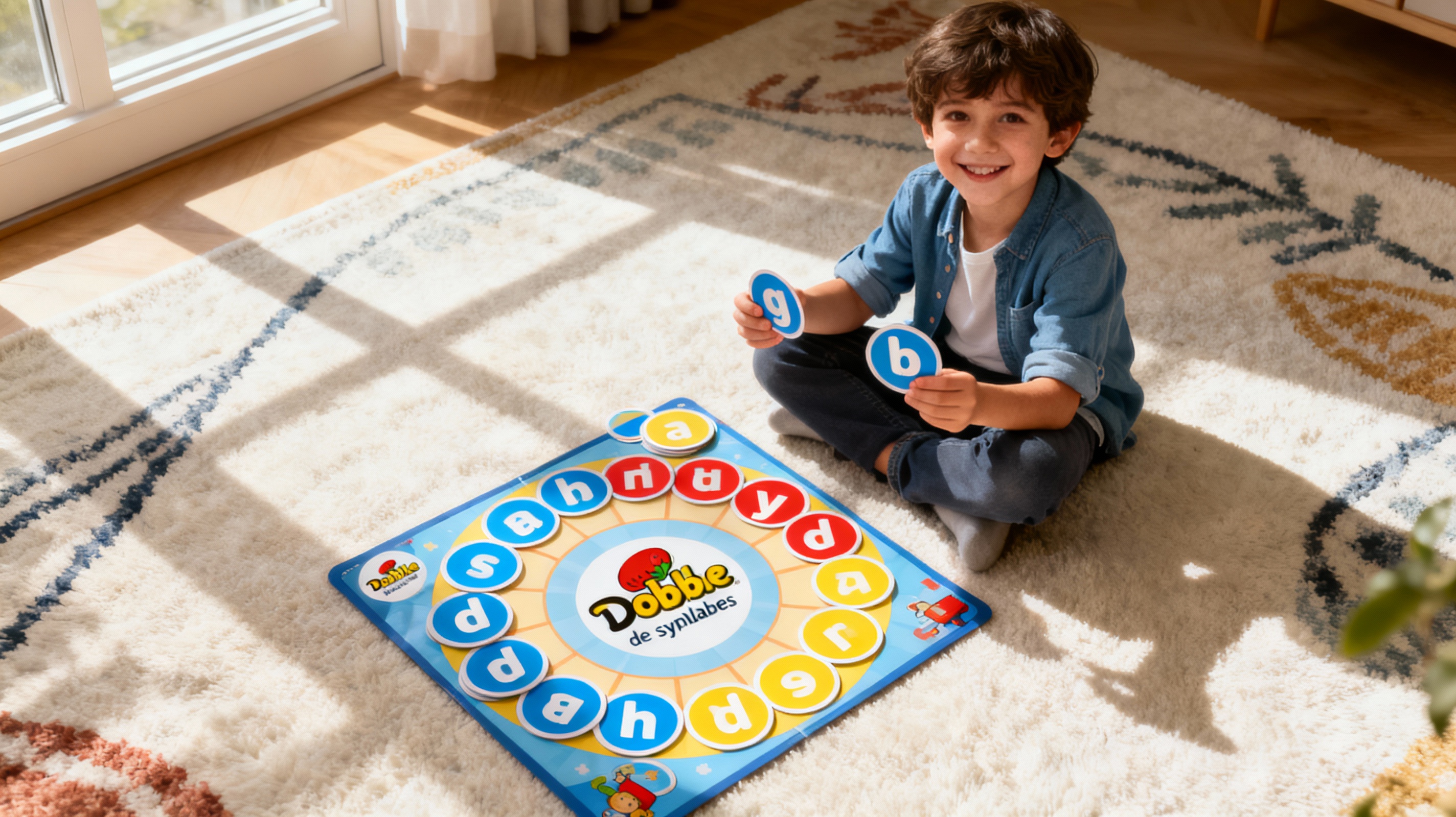 Enfant jouant au Dobble des syllabes sur un tapis
