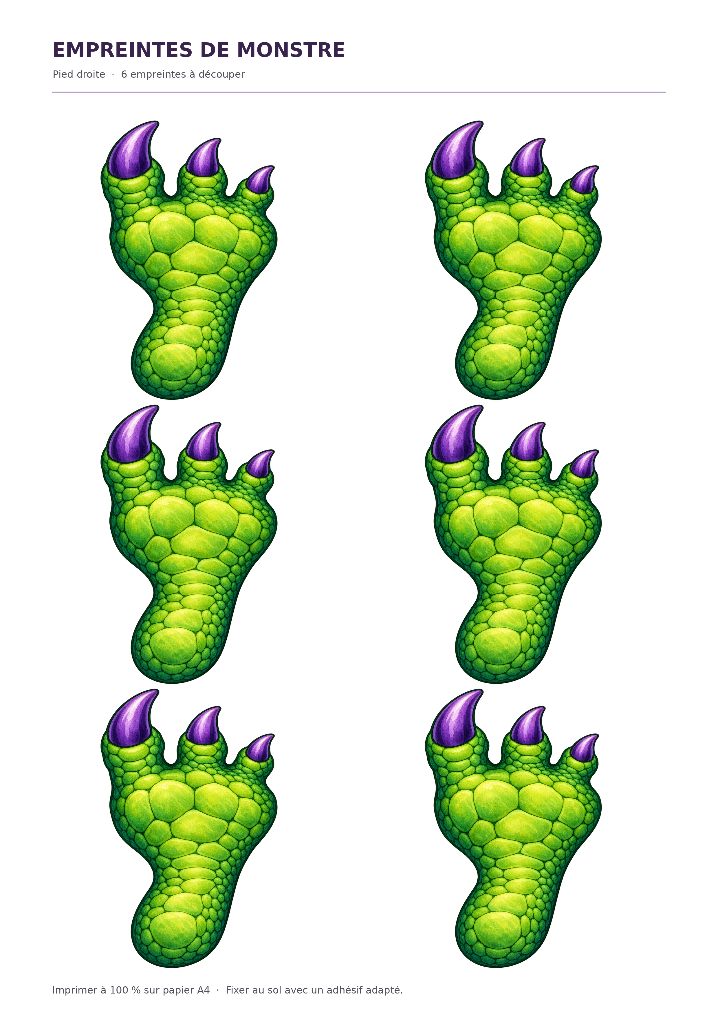 Six empreintes de pied droit de monstre Halloween à imprimer et découper