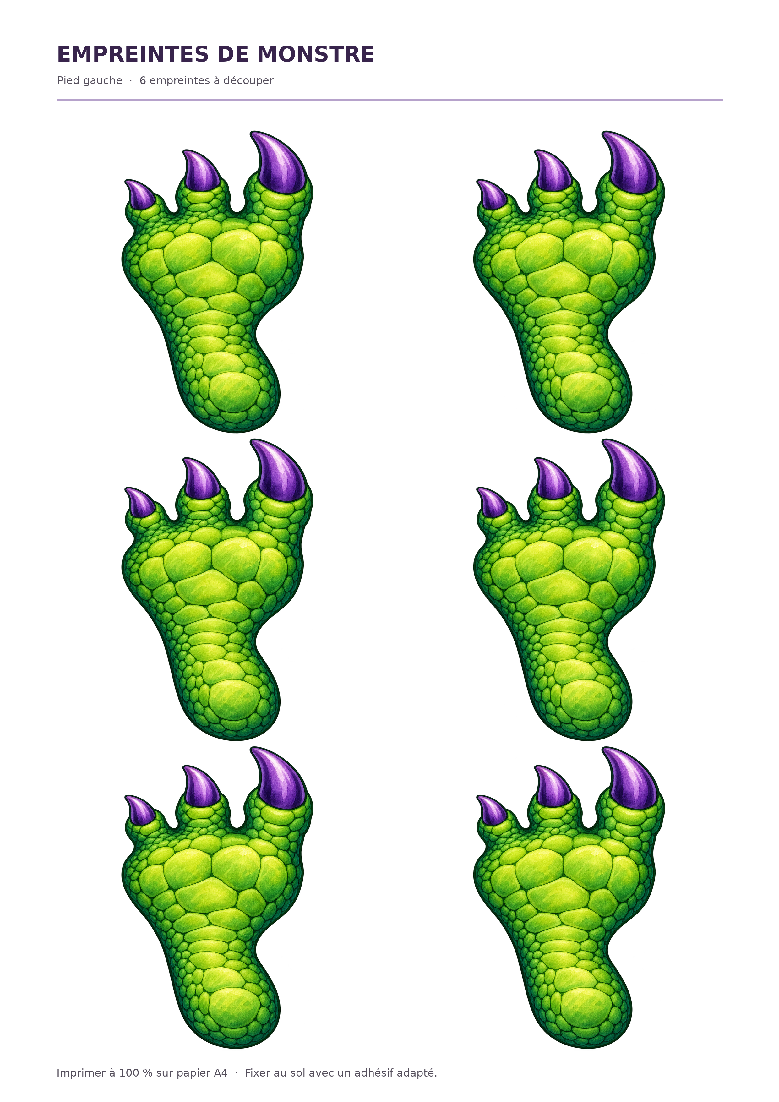 Six empreintes de pied gauche de monstre Halloween à imprimer et découper