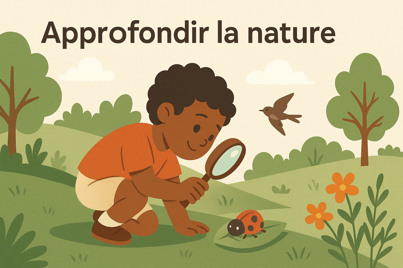 Enfant observant une coccinelle à la loupe dans la nature