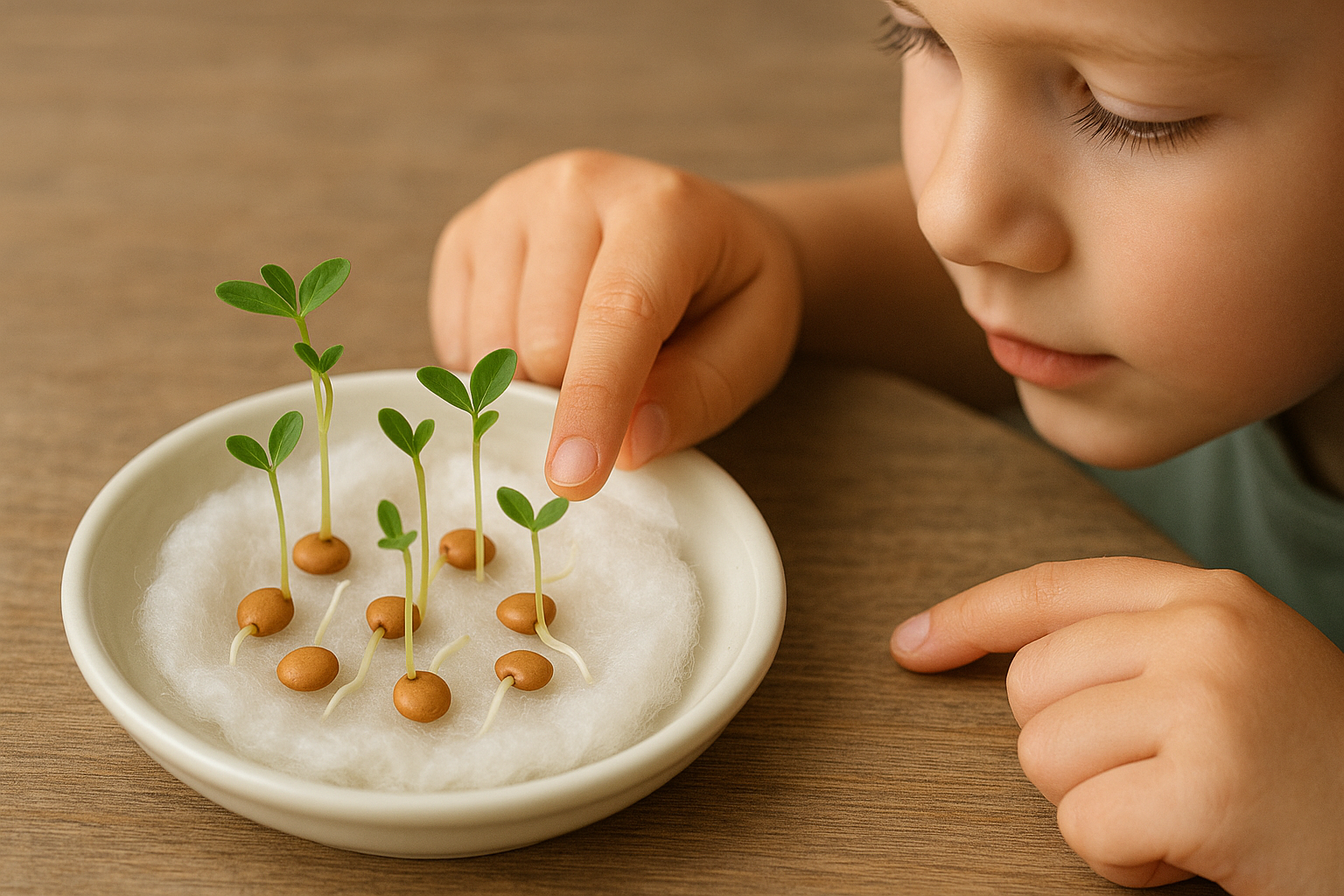 Enfant observant des plantules de lentilles sur coton dans une coupelle blanche