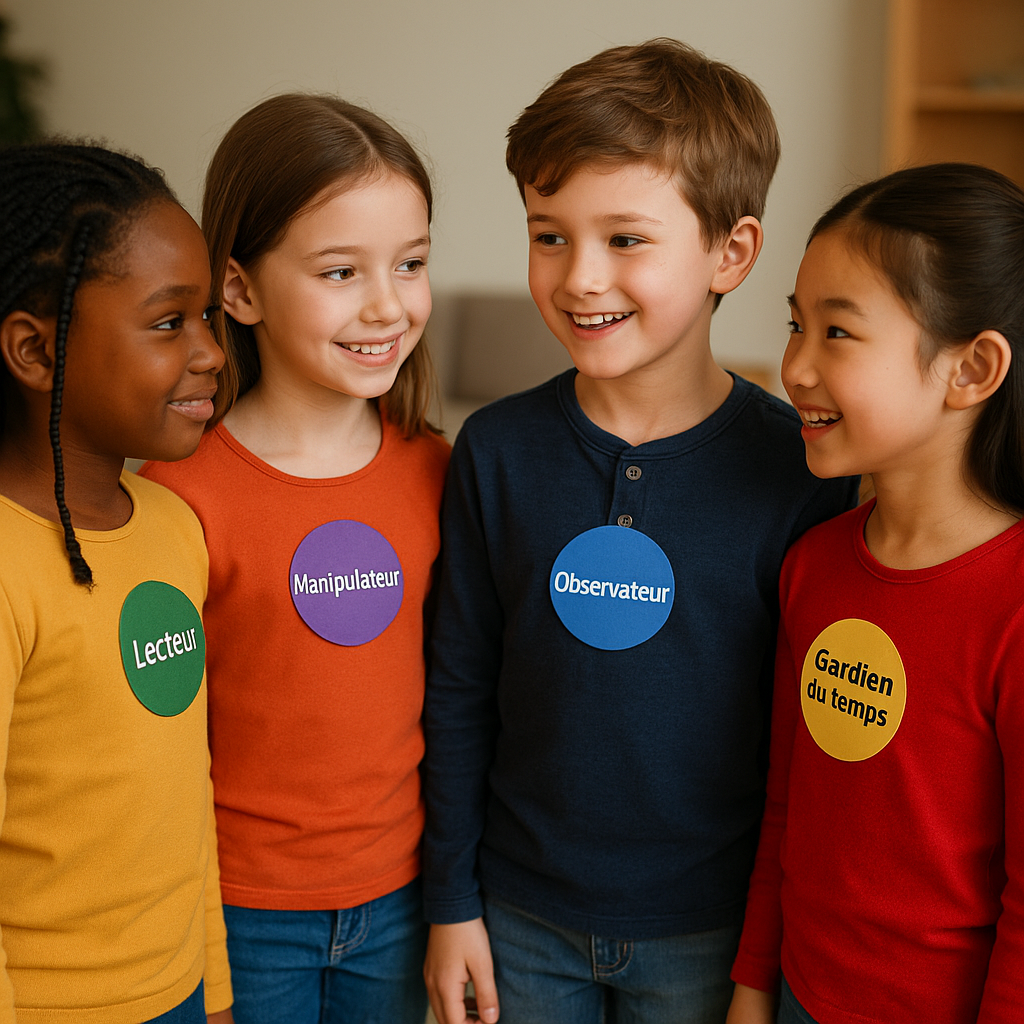 Enfants portant des badges de rôles (Lecteur, Manipulateur, Observateur, Gardien du temps).