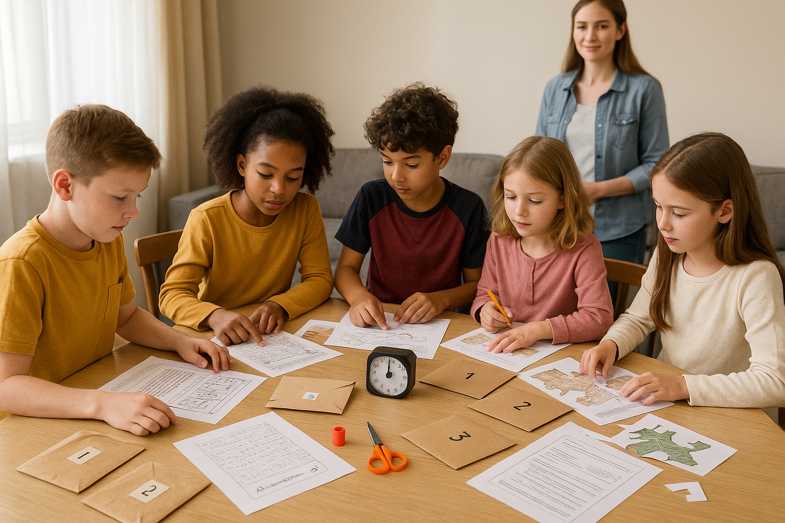Groupe d’enfants résolvant un escape game imprimé autour d’une table.