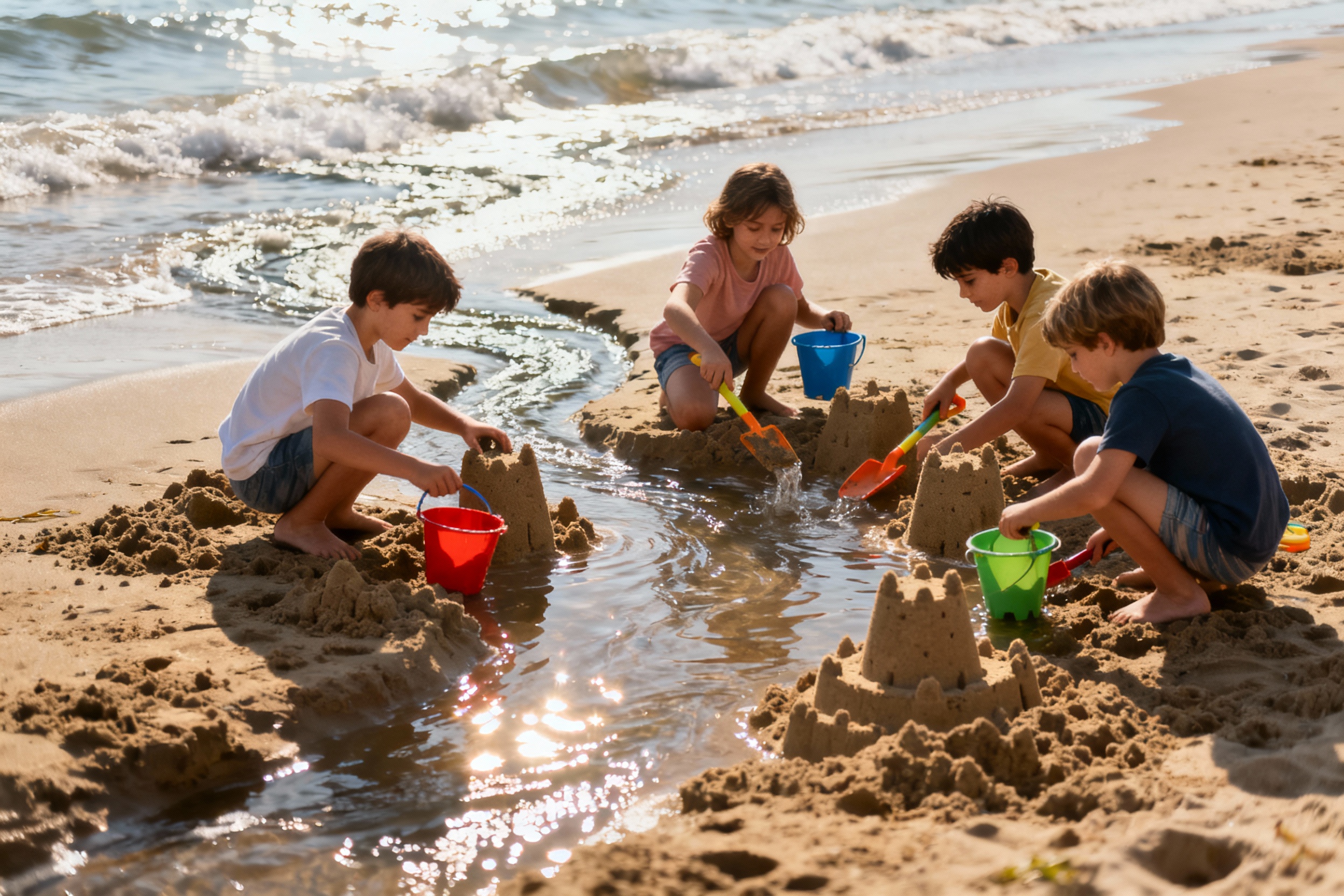 Matériel simple : seaux, coquillages, pelles -- jeux sensoriels Enfants avec seaux et coquillages jouant dans le sable