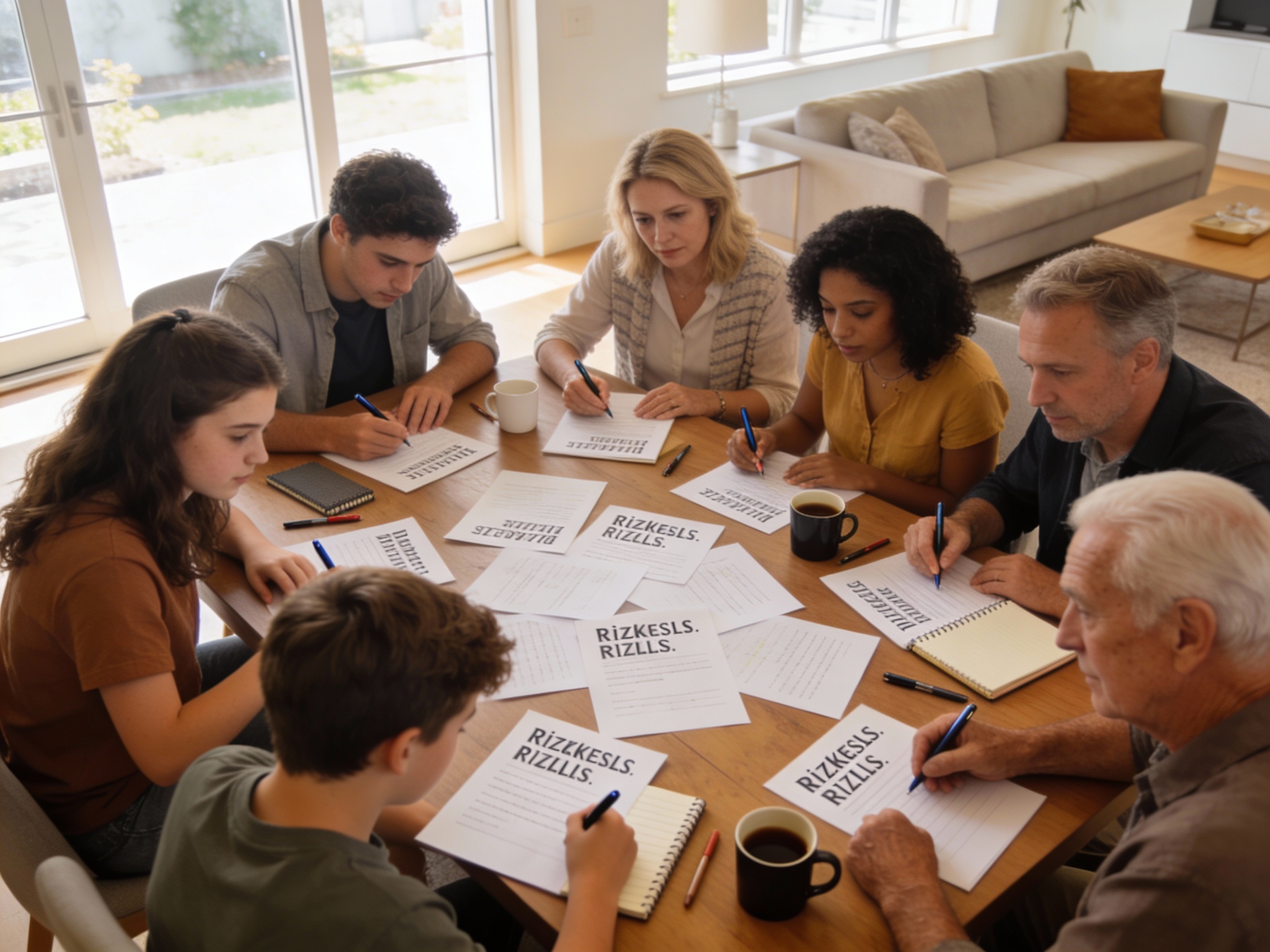 Famille et amis résolvant ensemble des énigmes difficiles autour d'une table