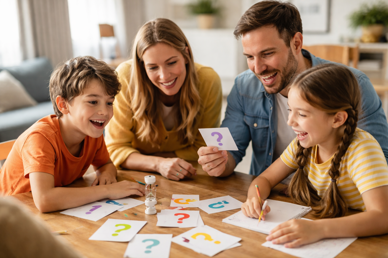 Famille jouant à des énigmes faciles autour d'une table