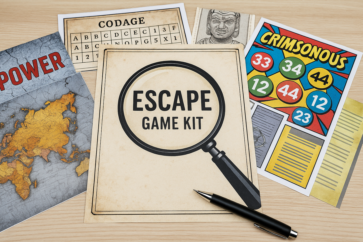 Feuilles de kit d’escape game imprimées, loupe et stylo sur une table.