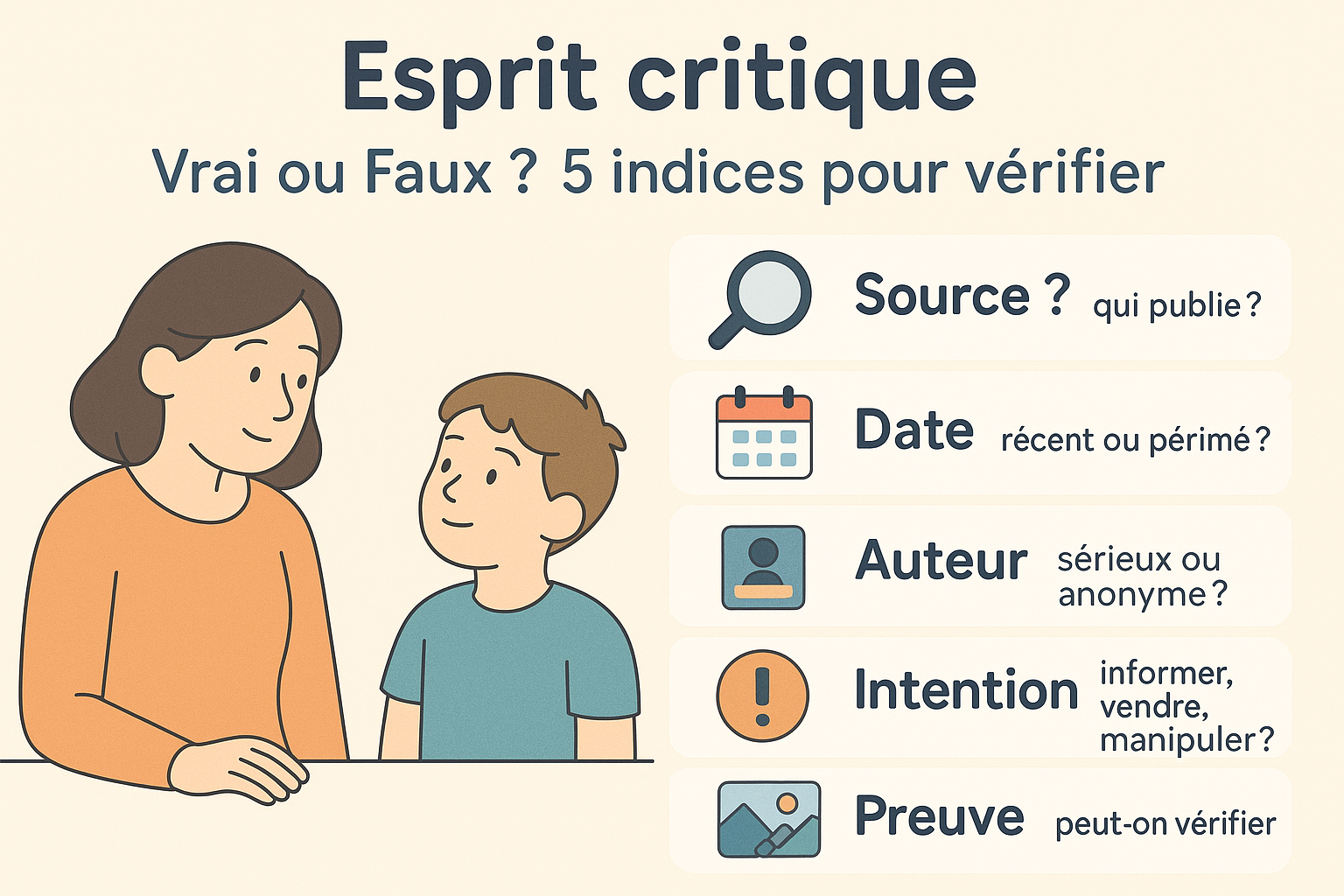 Infographie : Esprit critique -- Vrai ou Faux ? 5 indices pour vérifier