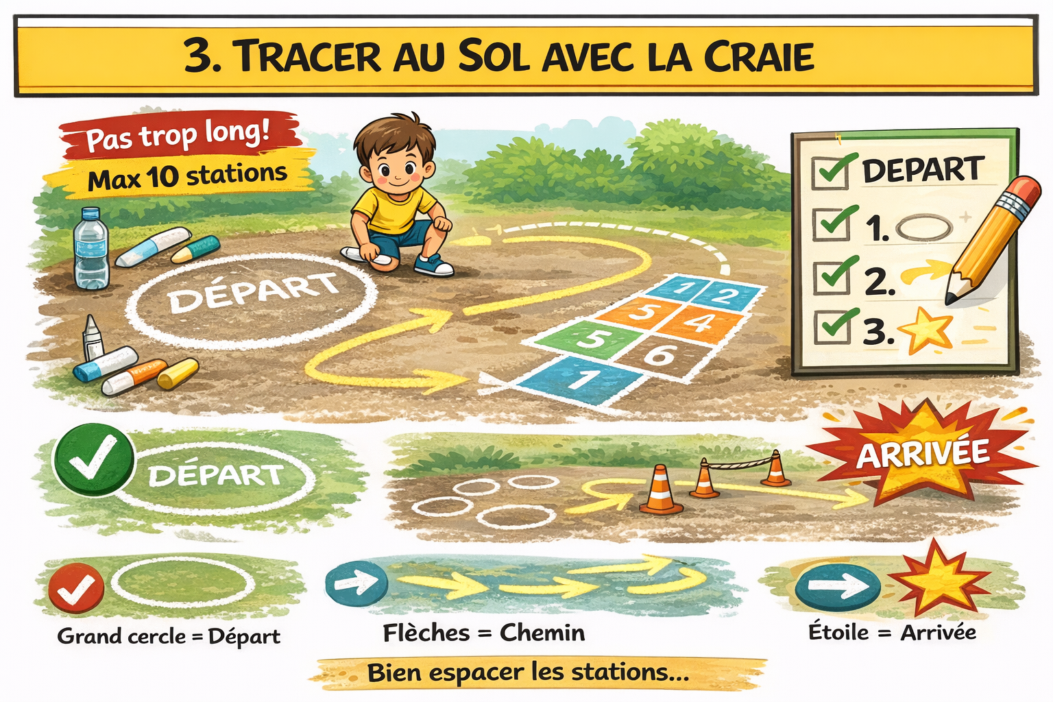 Étape 3 : tracer le départ, l'arrivée et les flèches à la craie