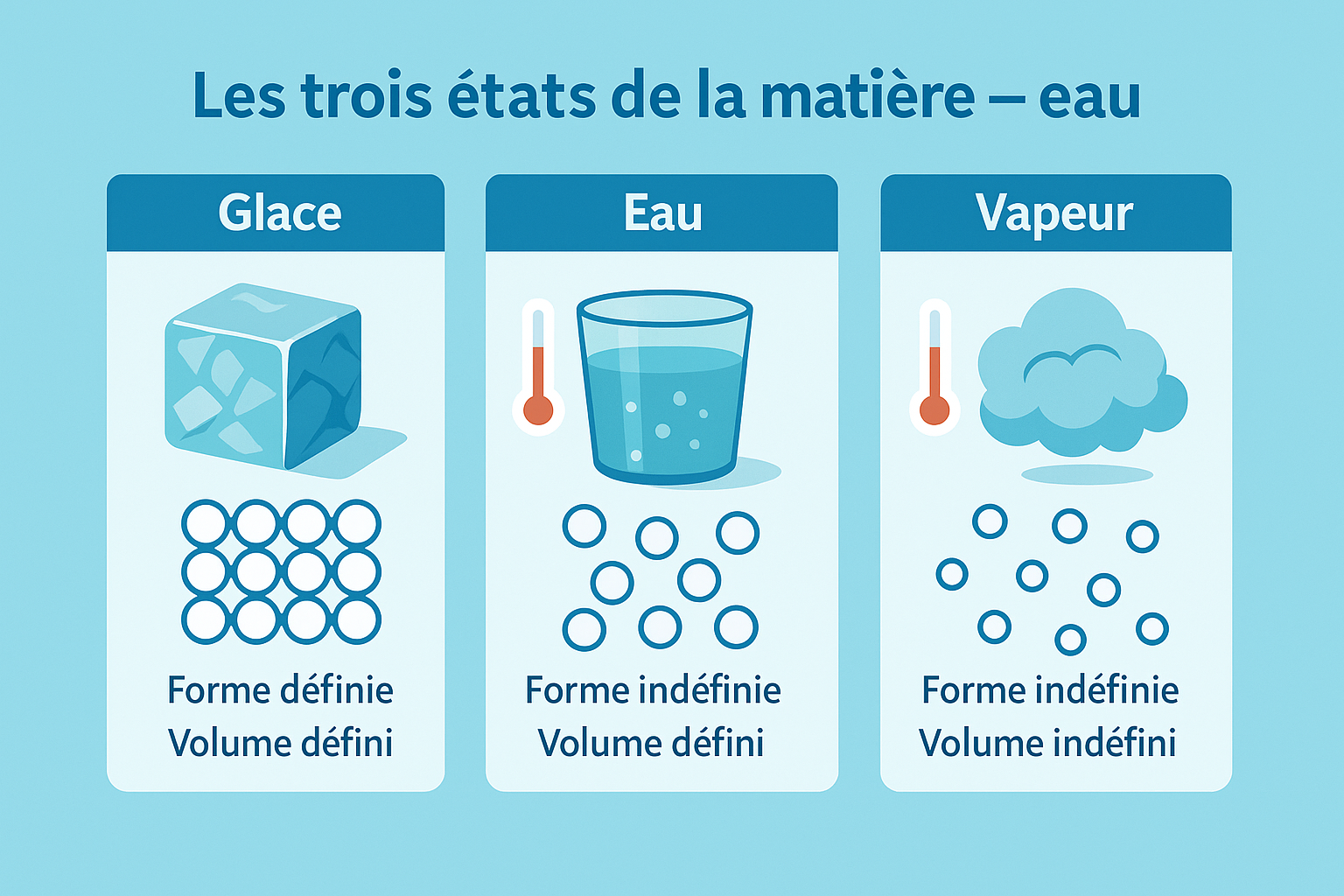 Infographie : glace, eau, vapeur - propriétés et pictos particules