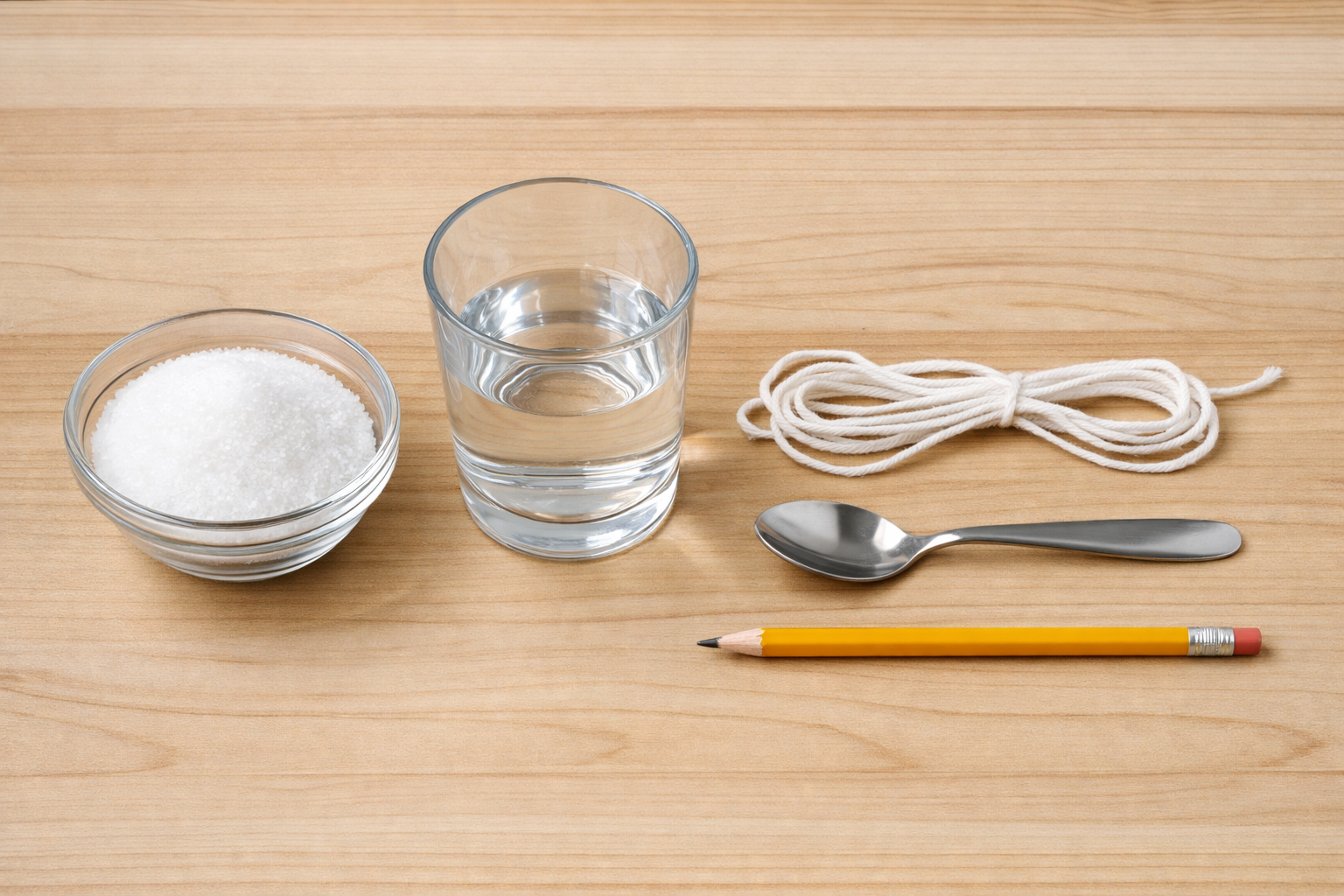 Image 1 - Matériel préparé : vue plongeante d'une table avec sel, verre transparent, fil de coton, cuillère, crayon. Aucun main visible. Tous les éléments bien organisés.