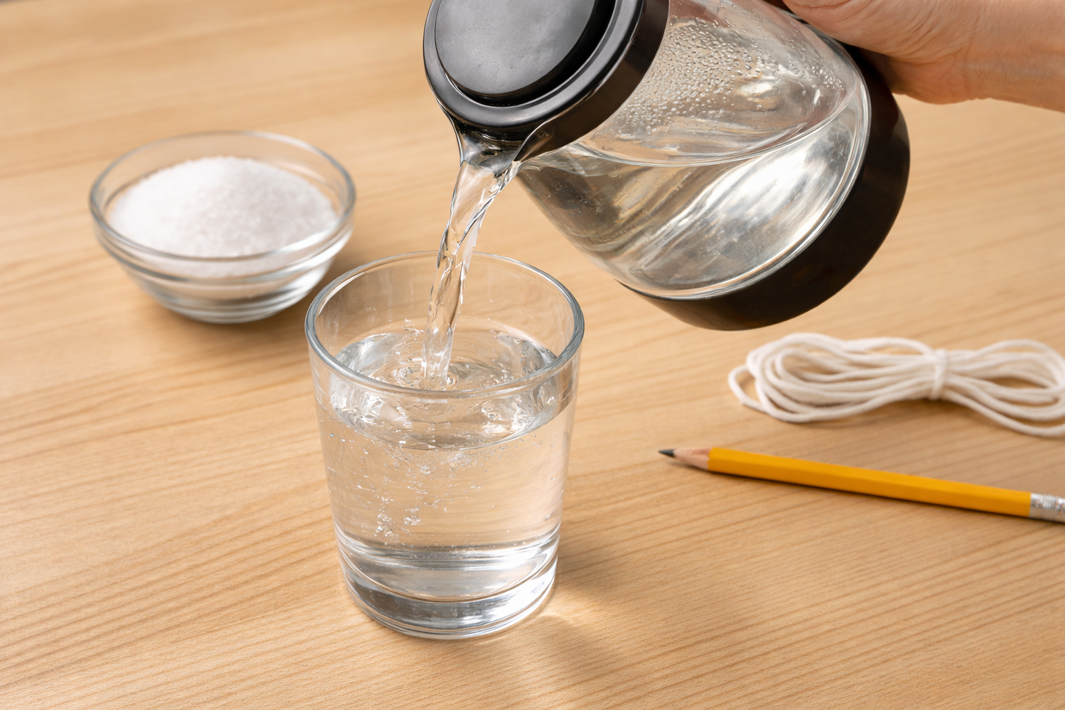 Image 2 - Début étape 1 : mains d'un adulte versant de l'eau chaude dans un verre transparent. Cadrage serré sur l'action.