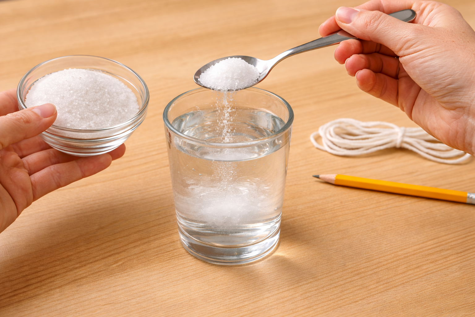 Image 4 - Étape 2 : mains ajoutant du sel dans l'eau avec une cuillère. Sel visible en train de se dissoudre.