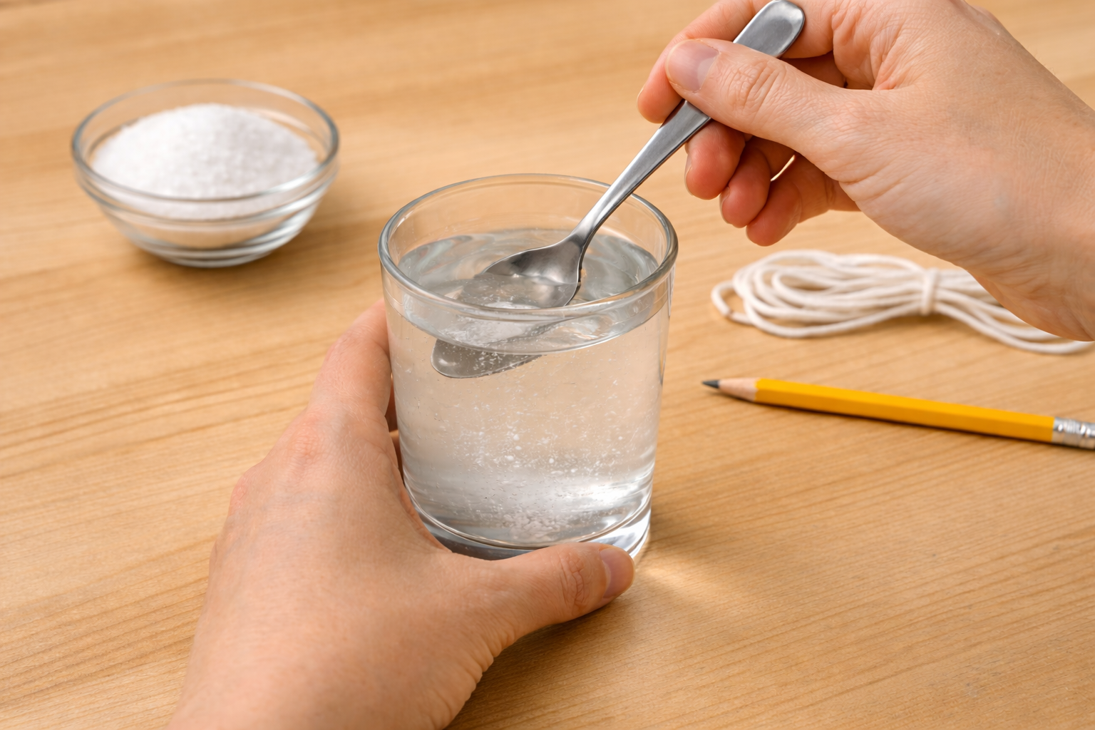 Image 5 - Étape 3 : mains mélangeant l'eau salée. Légers dépôts de sel visibles au fond.