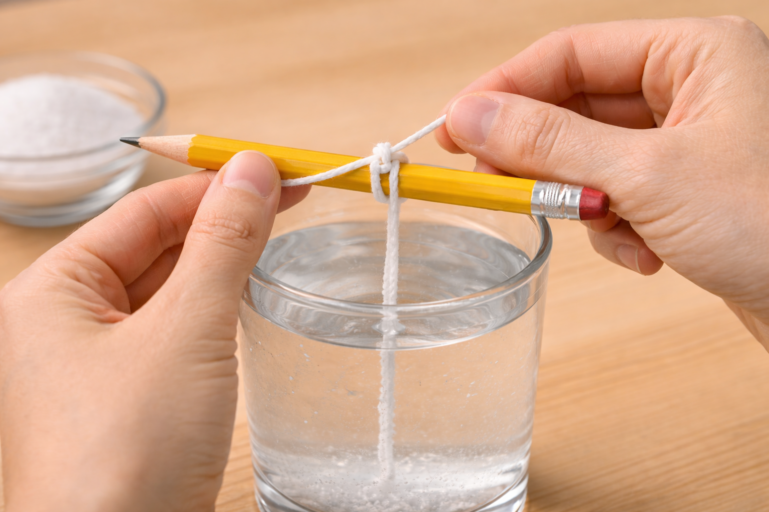 Image 6 - Étape 5 : mains attachant un fil de coton autour d'un crayon au-dessus du verre.