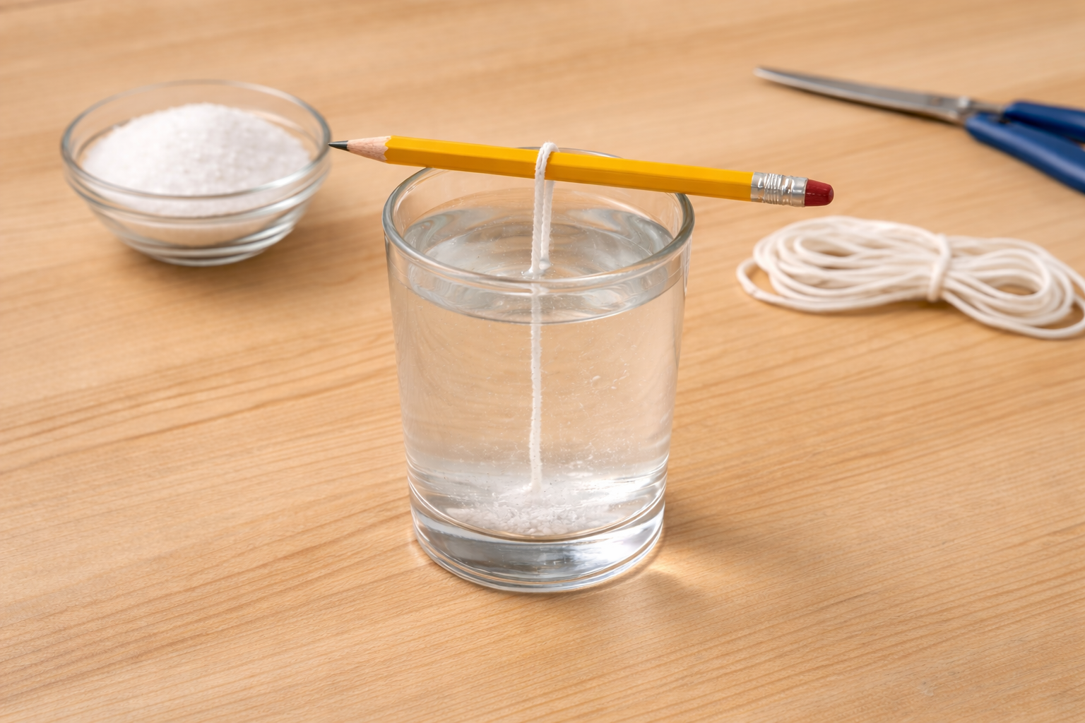 Image 7 - Étape 6 : fil suspendu dans l'eau salée, maintenu par le crayon posé sur le verre.