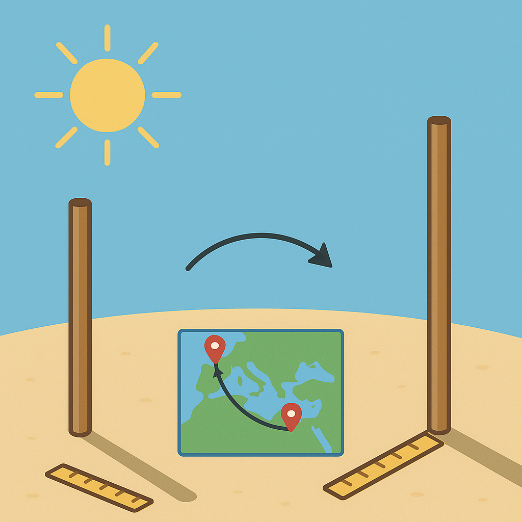 Schéma de l’expérience d’Ératosthène : deux bâtons, deux ombres, une carte et le soleil.